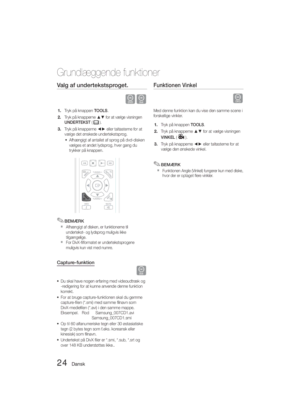 Samsung MM-D330D/XE Valg af undertekstsproget, Funktionen Vinkel, Capture-funktion, Tryk på knappen Tools, Undertekst 