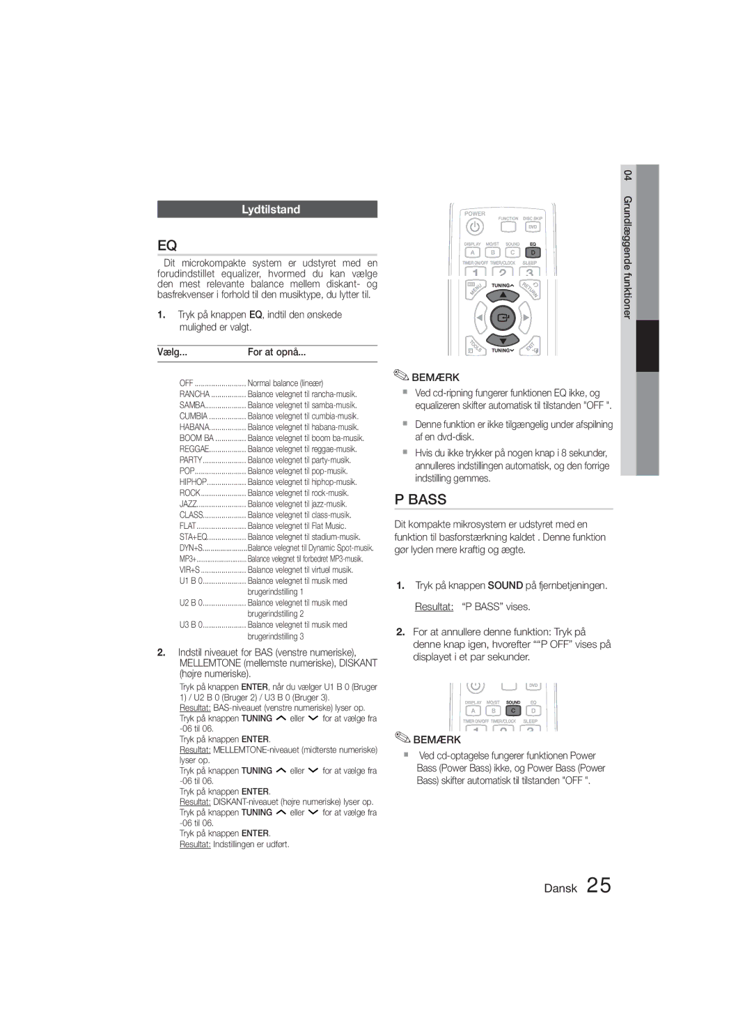 Samsung MM-D330D/XE manual Lydtilstand, Grundlæggende funktioner 