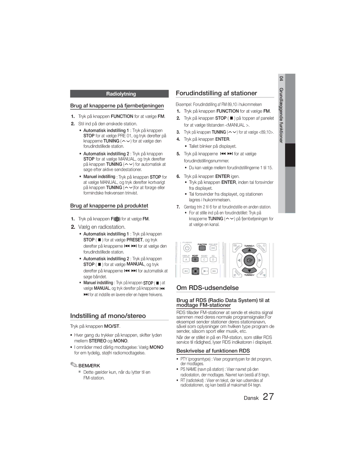 Samsung MM-D330D/XE manual Indstilling af mono/stereo, Forudindstilling af stationer, Om RDS-udsendelse, Radiolytning 