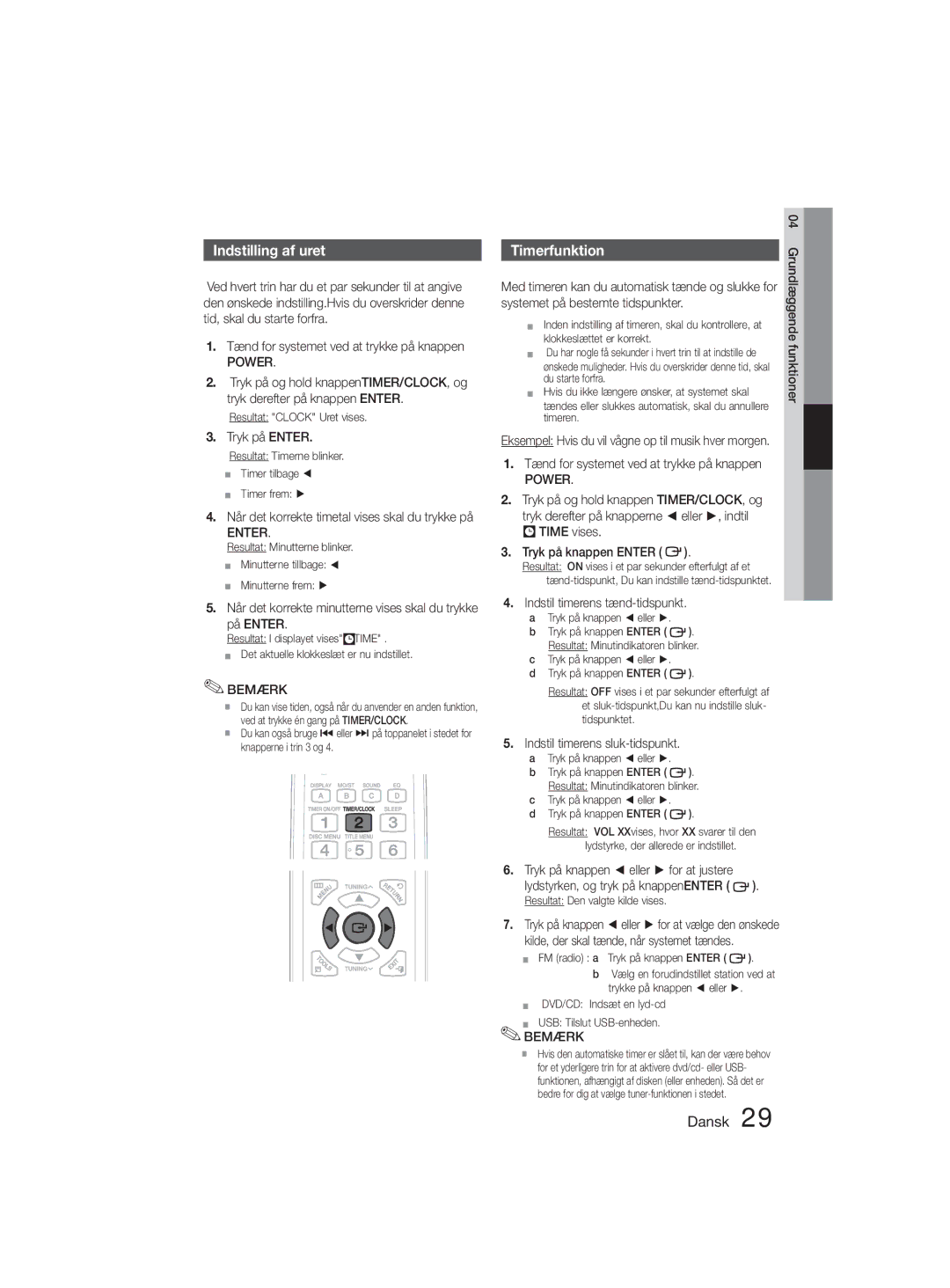 Samsung MM-D330D/XE manual Indstilling af uret, Timerfunktion, Power 