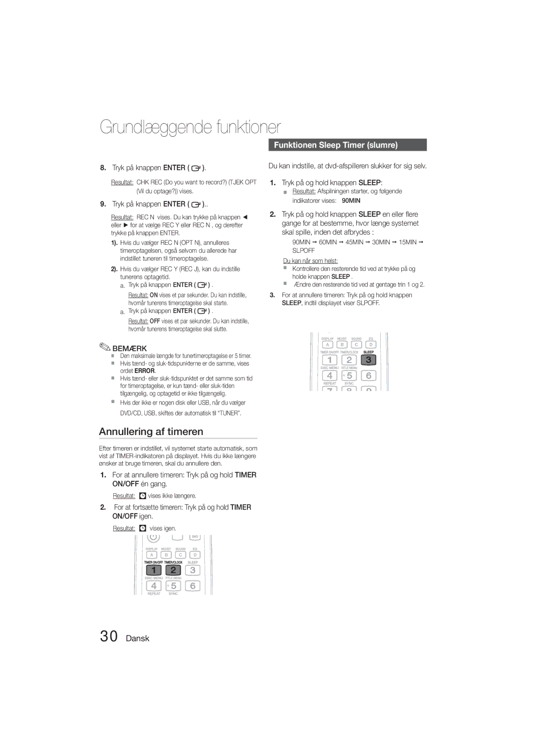 Samsung MM-D330D/XE manual Annullering af timeren, Funktionen Sleep Timer slumre 