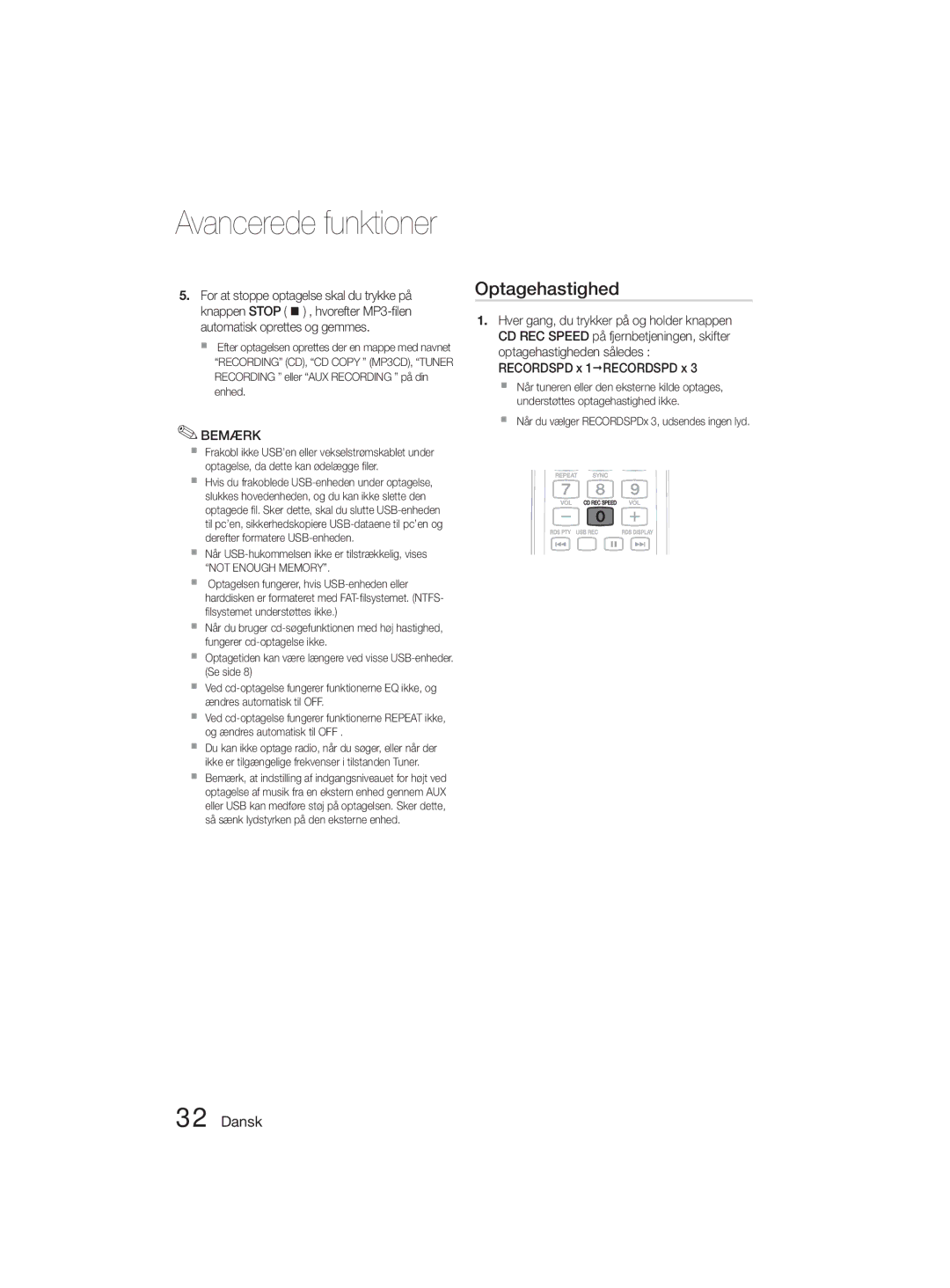 Samsung MM-D330D/XE manual Avancerede funktioner, Optagehastighed 