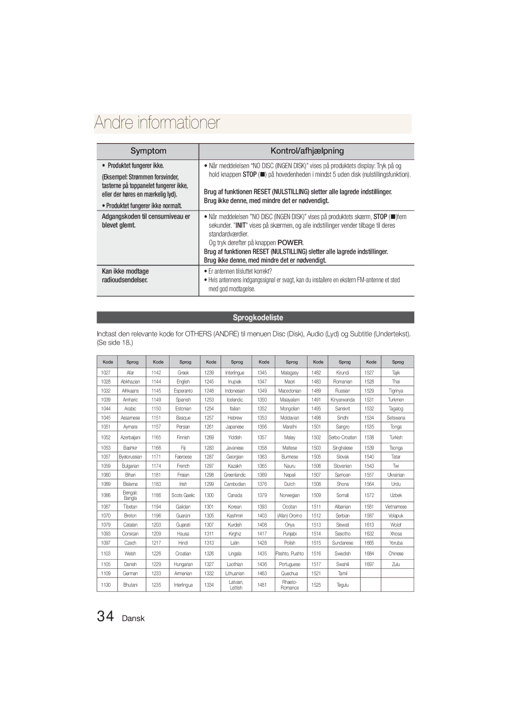 Samsung MM-D330D/XE manual Ati Ner Other Information, Sprogkodeliste 