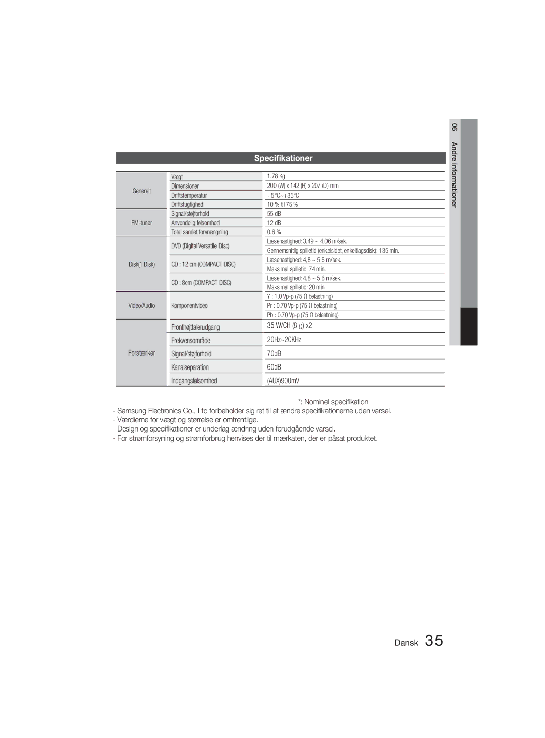 Samsung MM-D330D/XE manual Speciﬁkationer, Fronthøjttalerudgang, Frekvensområde, 35 W/CH 8 Ω 20Hz~20KHz 70dB 60dB AUX900mV 