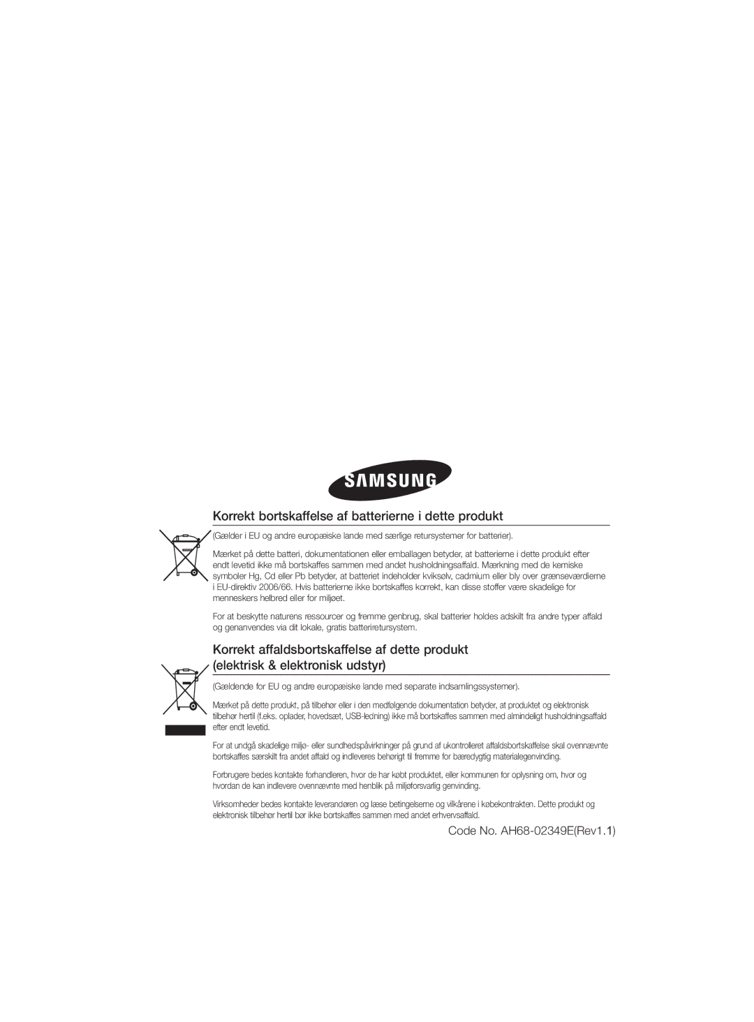 Samsung MM-D330D/XE manual Korrekt bortskaffelse af batterierne i dette produkt, Code No. AH68-02349ERev1.1 