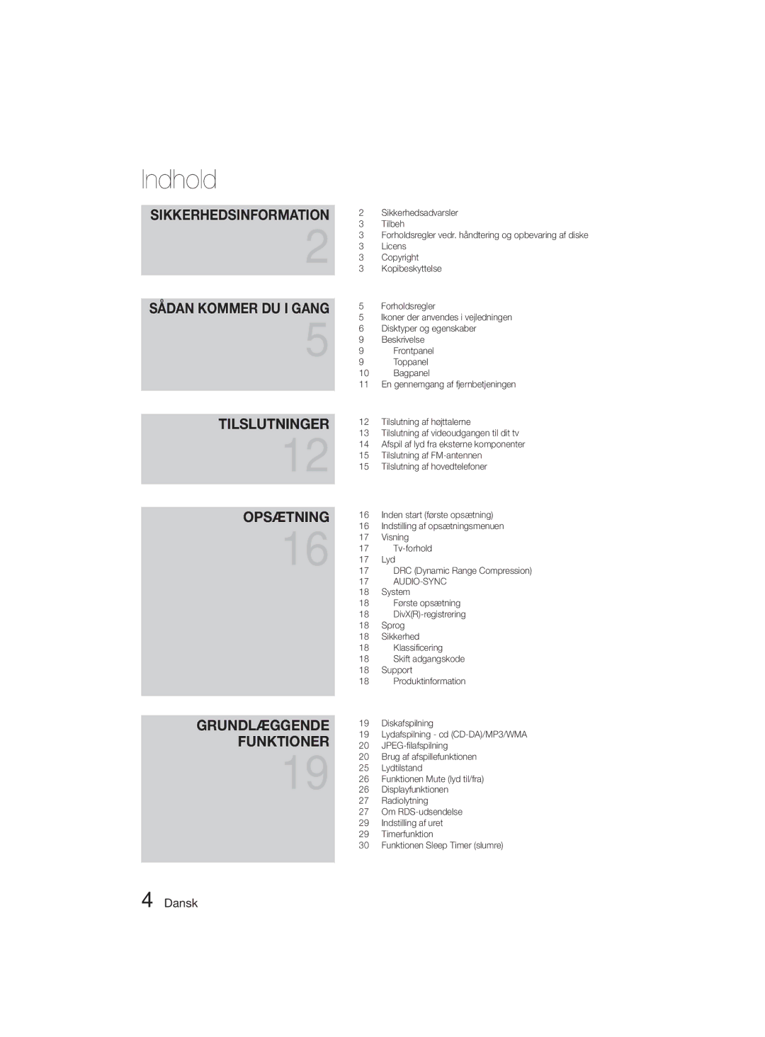 Samsung MM-D330D/XE manual Indhold, Sikkerhedsinformation Sådan Kommer DU I Gang 