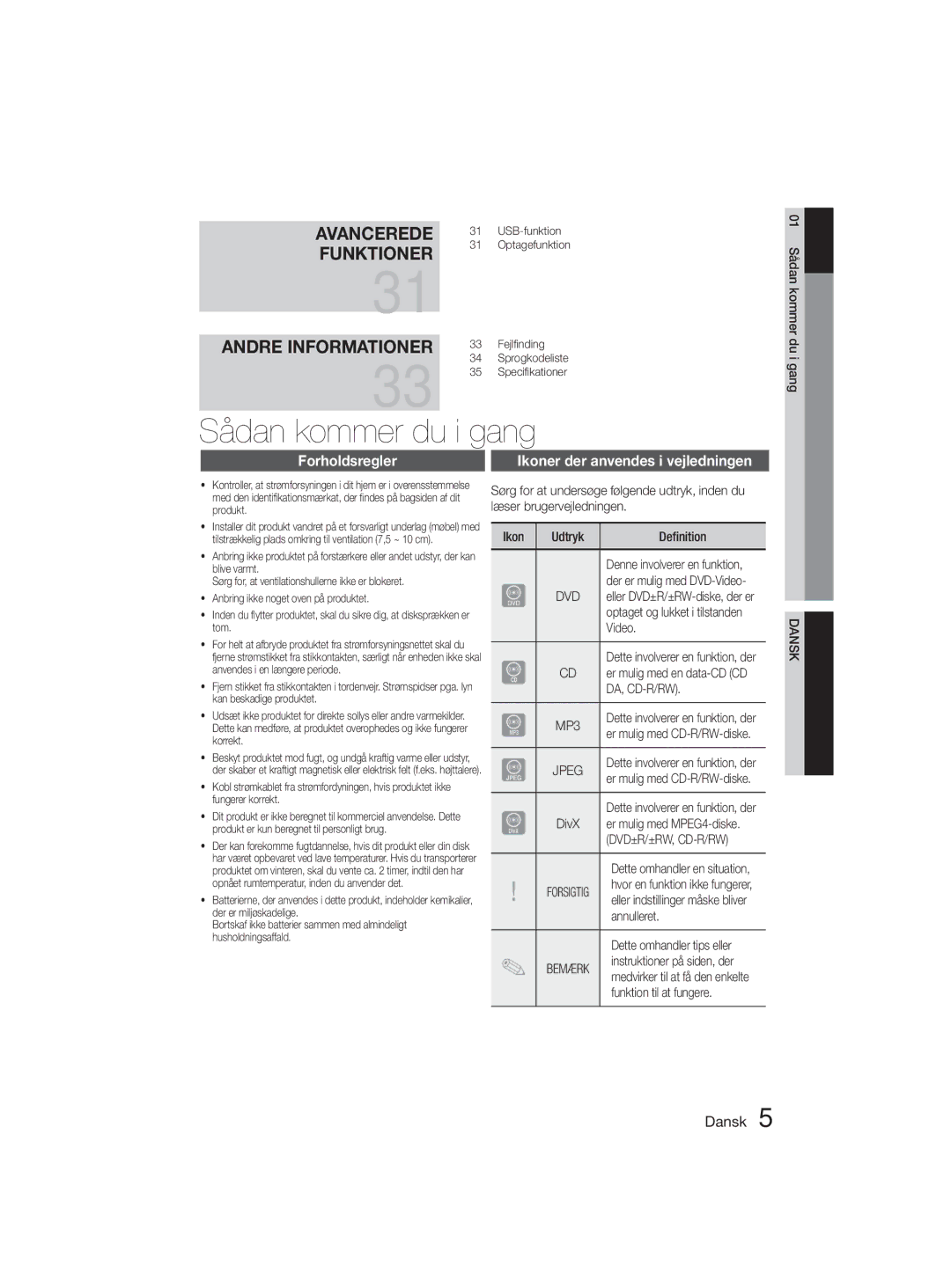 Samsung MM-D330D/XE manual Sådan kommer du i gang, Forholdsregler, Ikoner der anvendes i vejledningen 