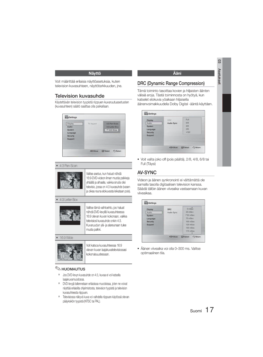 Samsung MM-D330D/XE manual Television kuvasuhde, Näyttö, Ääni 