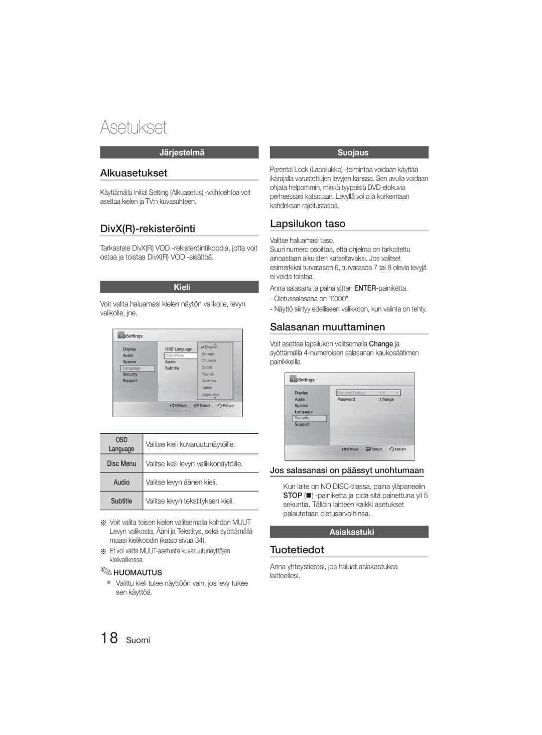 Samsung MM-D330D/XE manual Alkuasetukset, DivXR-rekisteröinti, Lapsilukon taso, Salasanan muuttaminen, Tuotetiedot 