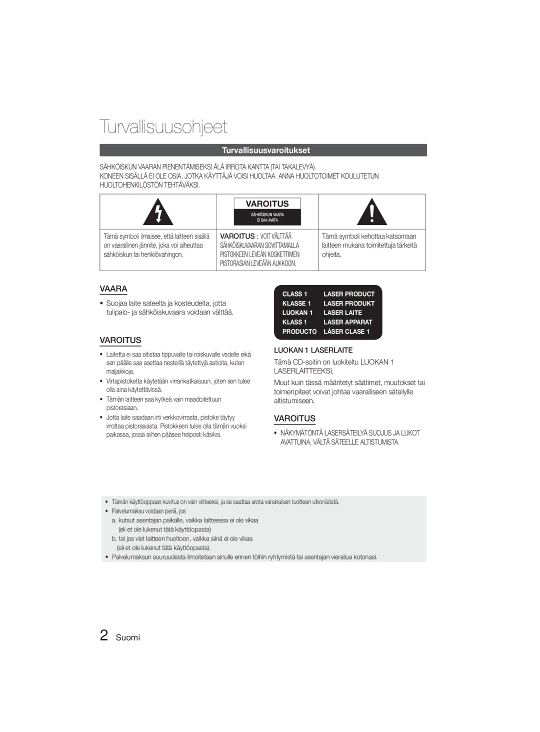 Samsung MM-D330D/XE manual Turvallisuusohjeet, Turvallisuusvaroitukset, Suomi 