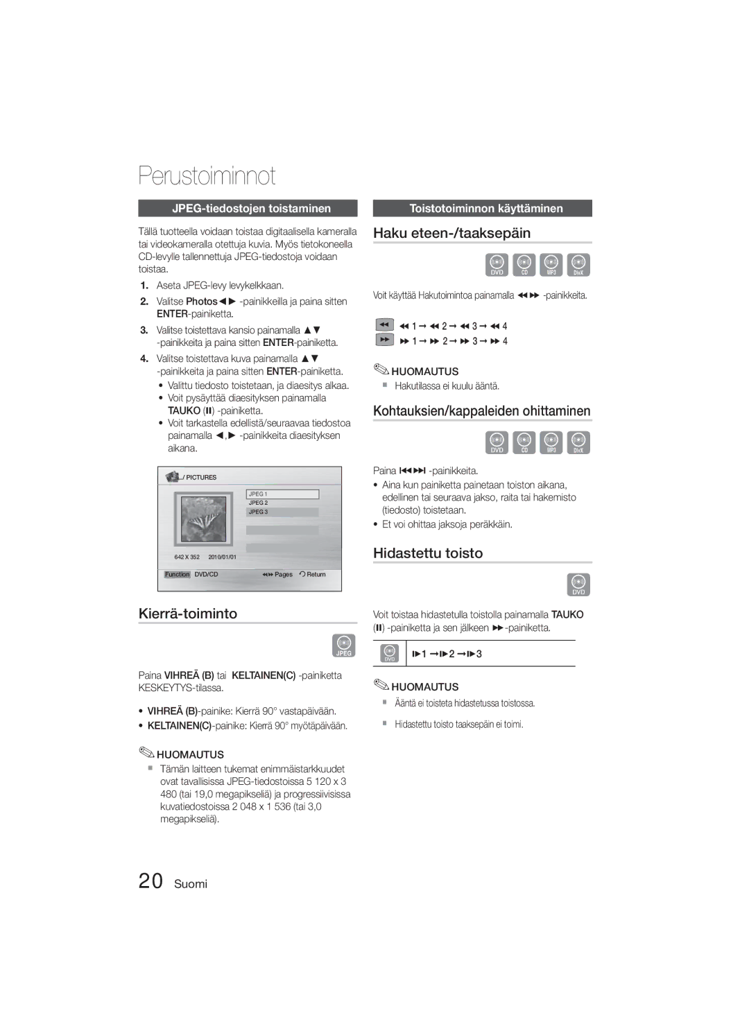 Samsung MM-D330D/XE manual Kierrä-toiminto, Haku eteen-/taaksepäin, Kohtauksien/kappaleiden ohittaminen, Hidastettu toisto 