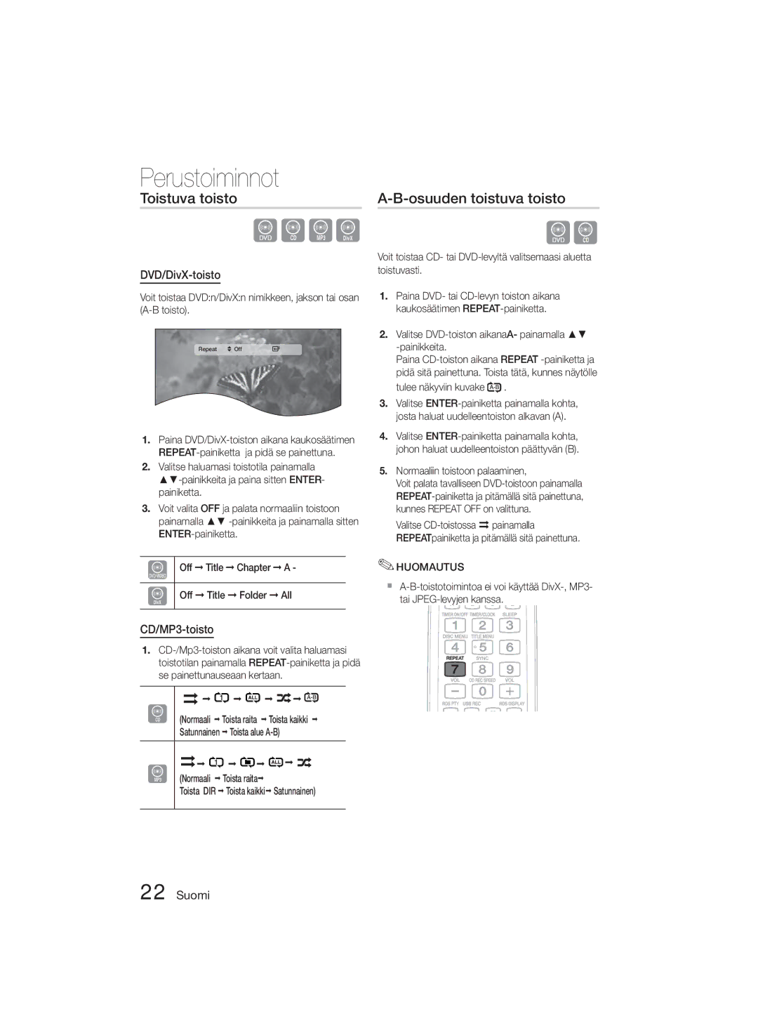 Samsung MM-D330D/XE manual Toistuva toisto, Osuuden toistuva toisto, DVD/DivX-toisto, CD/MP3-toisto 