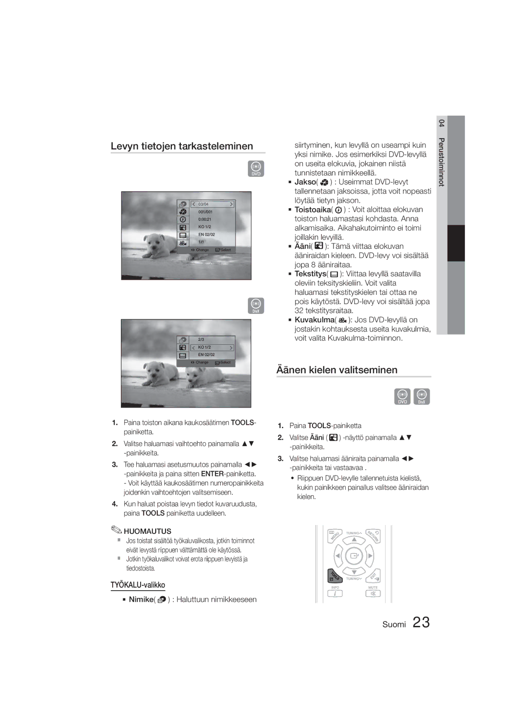 Samsung MM-D330D/XE manual Levyn tietojen tarkasteleminen, Äänen kielen valitseminen, Paina TOOLS-painiketta 