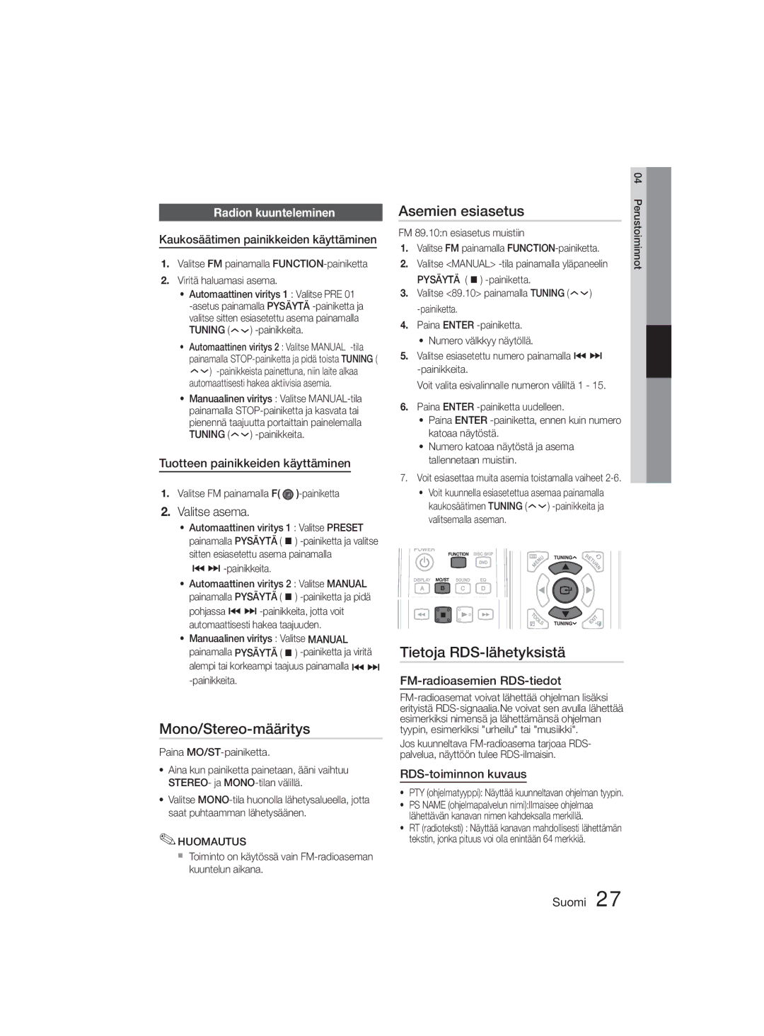 Samsung MM-D330D/XE manual Mono/Stereo-määritys, Asemien esiasetus, Tietoja RDS-lähetyksistä, Radion kuunteleminen 