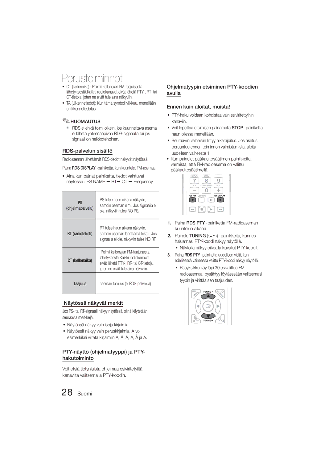 Samsung MM-D330D/XE manual RDS-palvelun sisältö, Näytössä näkyvät merkit, PTY-näyttö ohjelmatyyppi ja PTY- hakutoiminto 