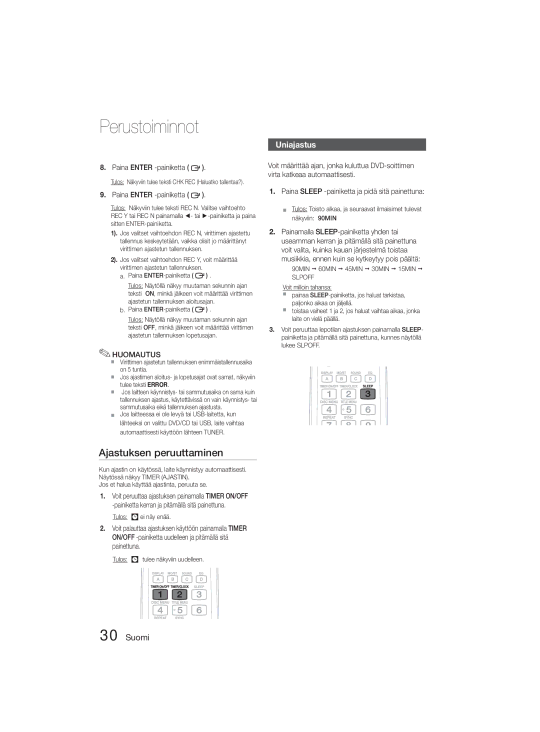 Samsung MM-D330D/XE manual Ajastuksen peruuttaminen, Uniajastus, Paina Sleep -painiketta ja pidä sitä painettuna 