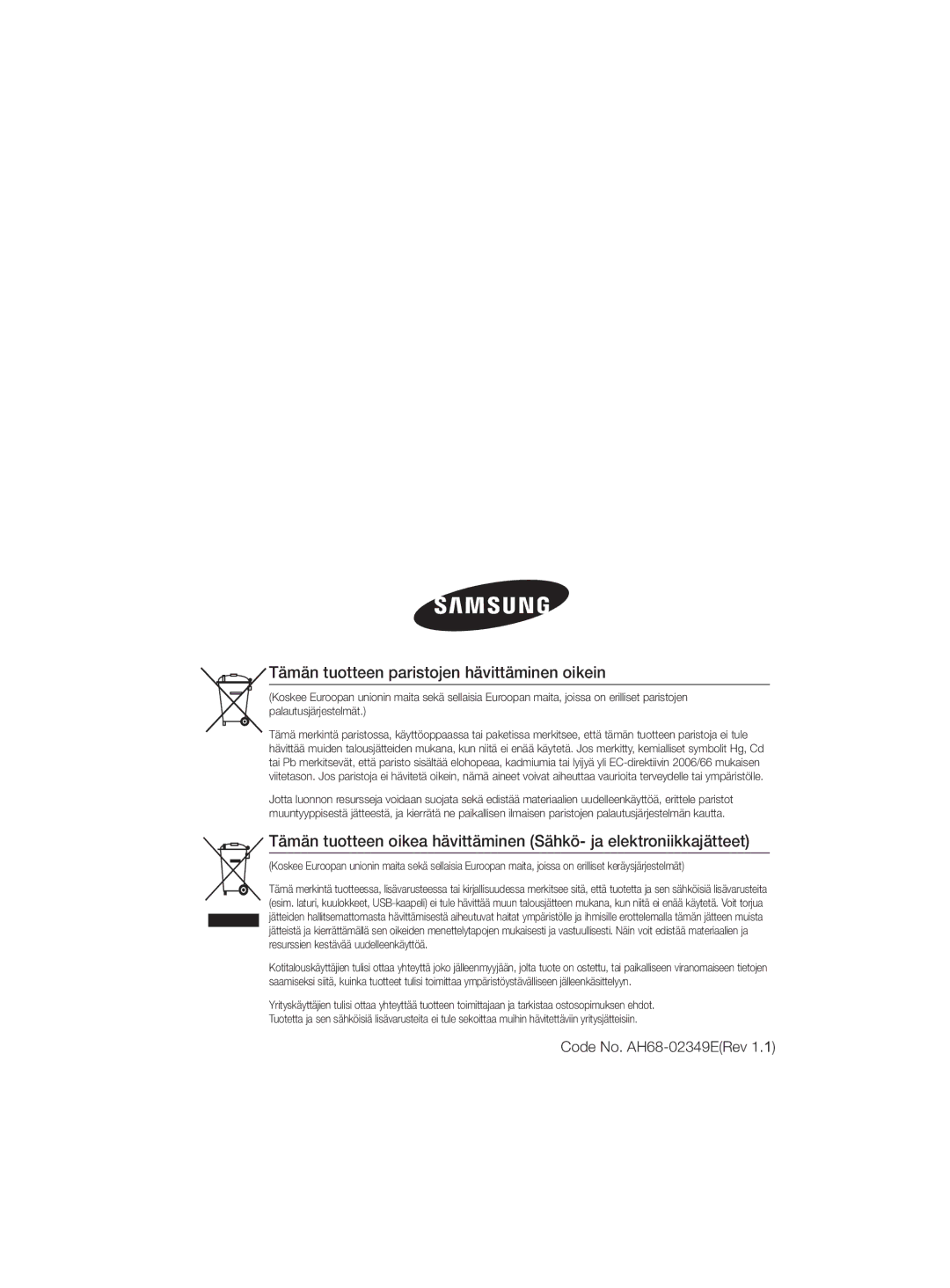 Samsung MM-D330D/XE manual Tämän tuotteen paristojen hävittäminen oikein, Code No. AH68-02349ERev 