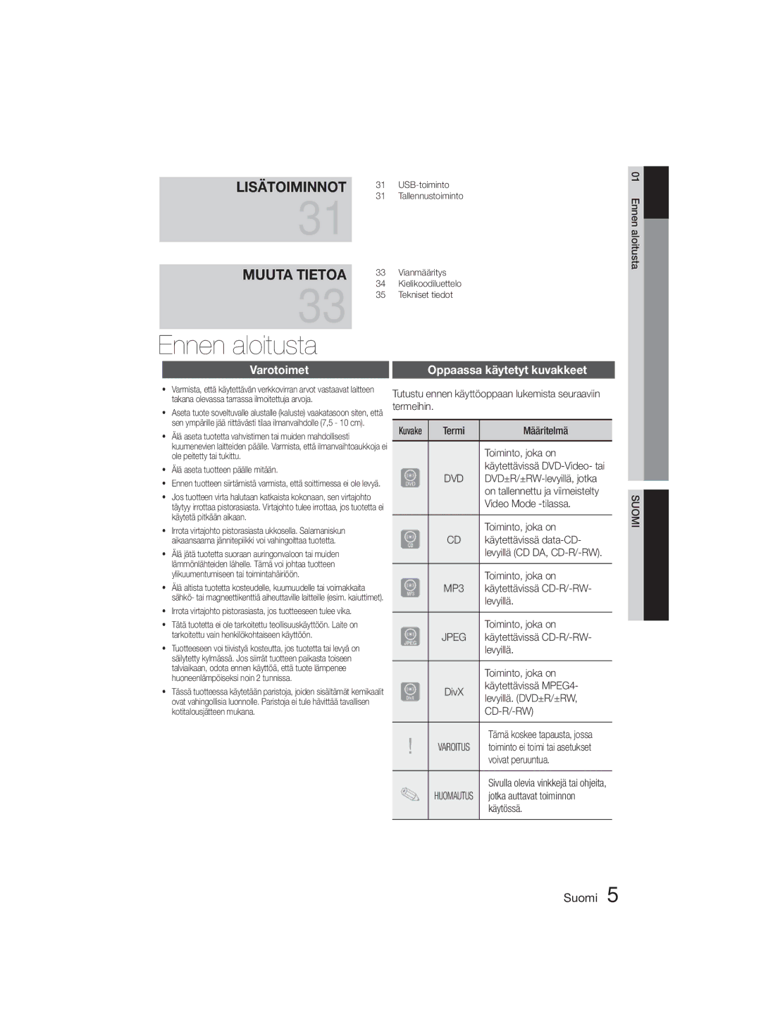 Samsung MM-D330D/XE manual Ennen aloitusta, Varotoimet 