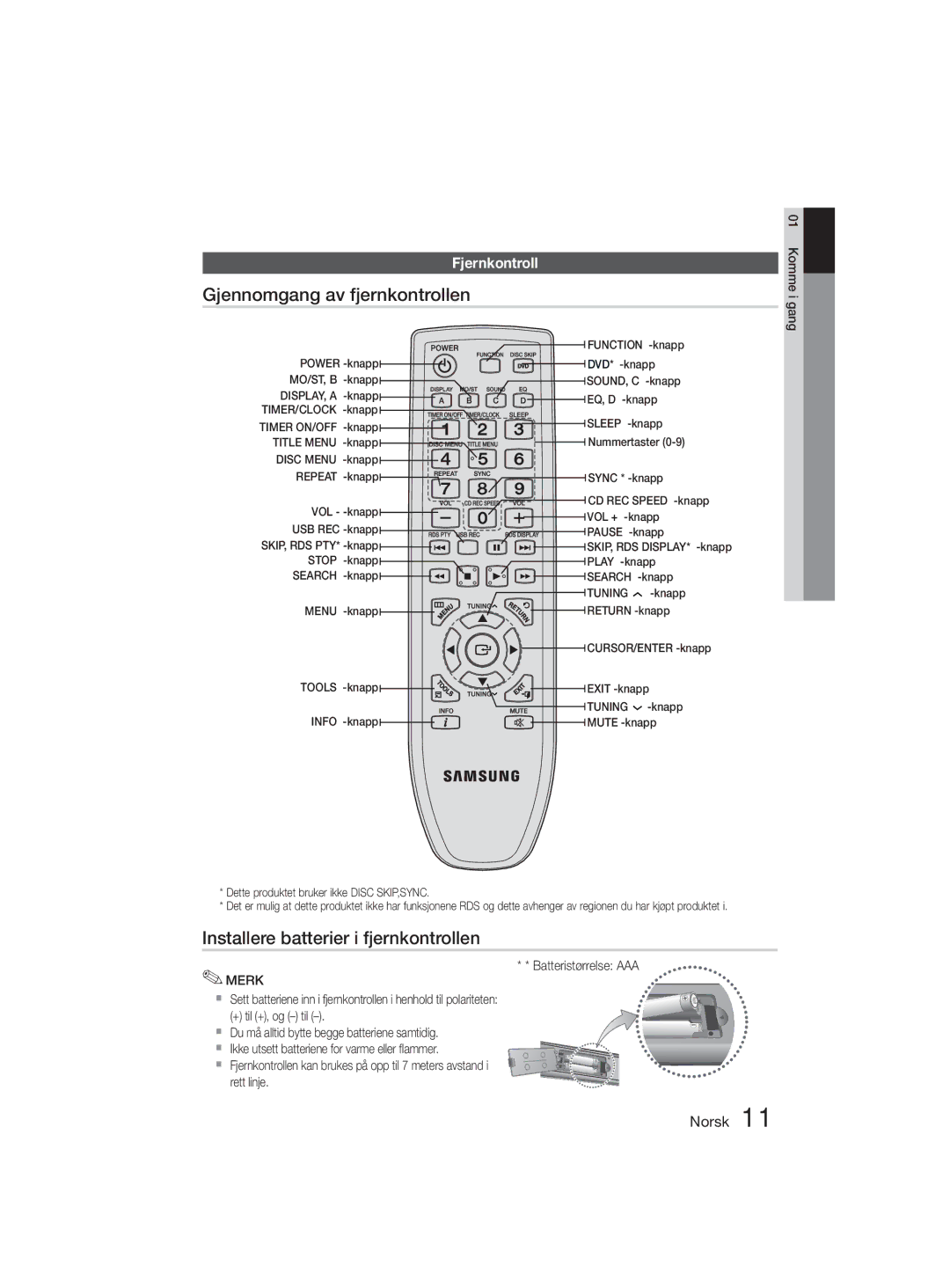 Samsung MM-D330D/XE manual Gjennomgang av fjernkontrollen, Installere batterier i fjernkontrollen, Fjernkontroll 