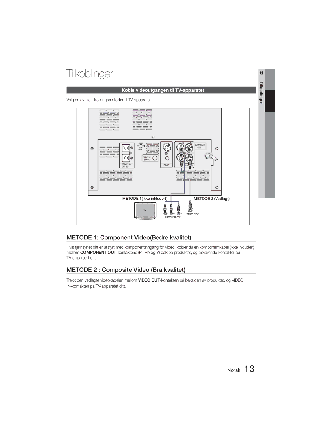 Samsung MM-D330D/XE manual Metode 1 Component VideoBedre kvalitet, Metode 2 Composite Video Bra kvalitet 