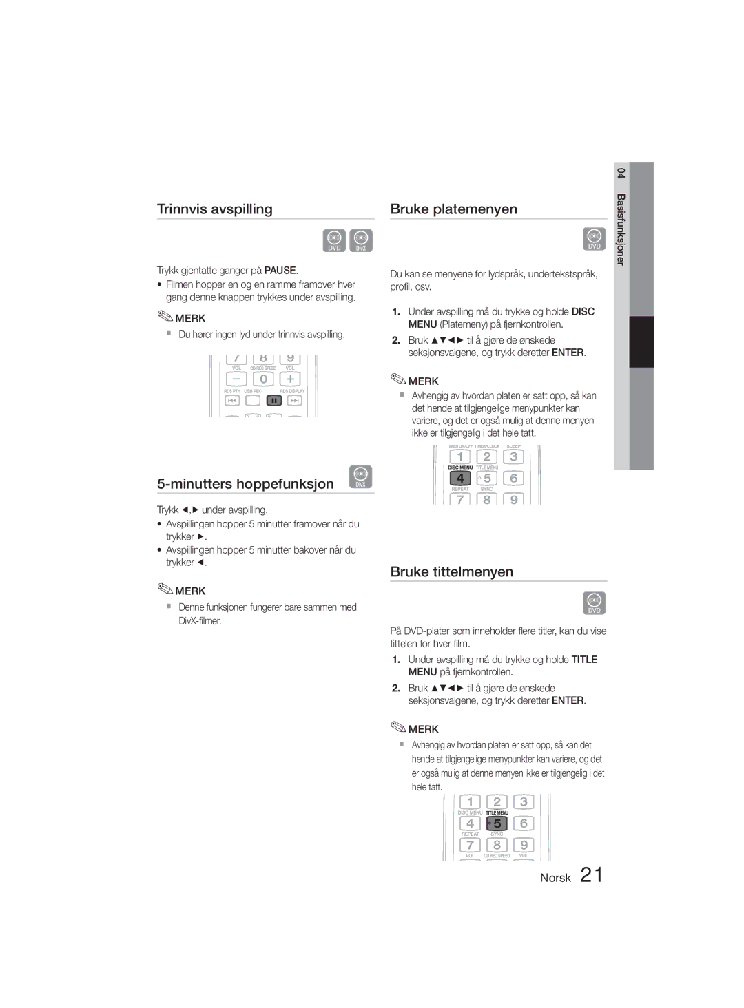 Samsung MM-D330D/XE manual Trinnvis avspilling, Bruke platemenyen, Minutters hoppefunksjon D, Bruke tittelmenyen 