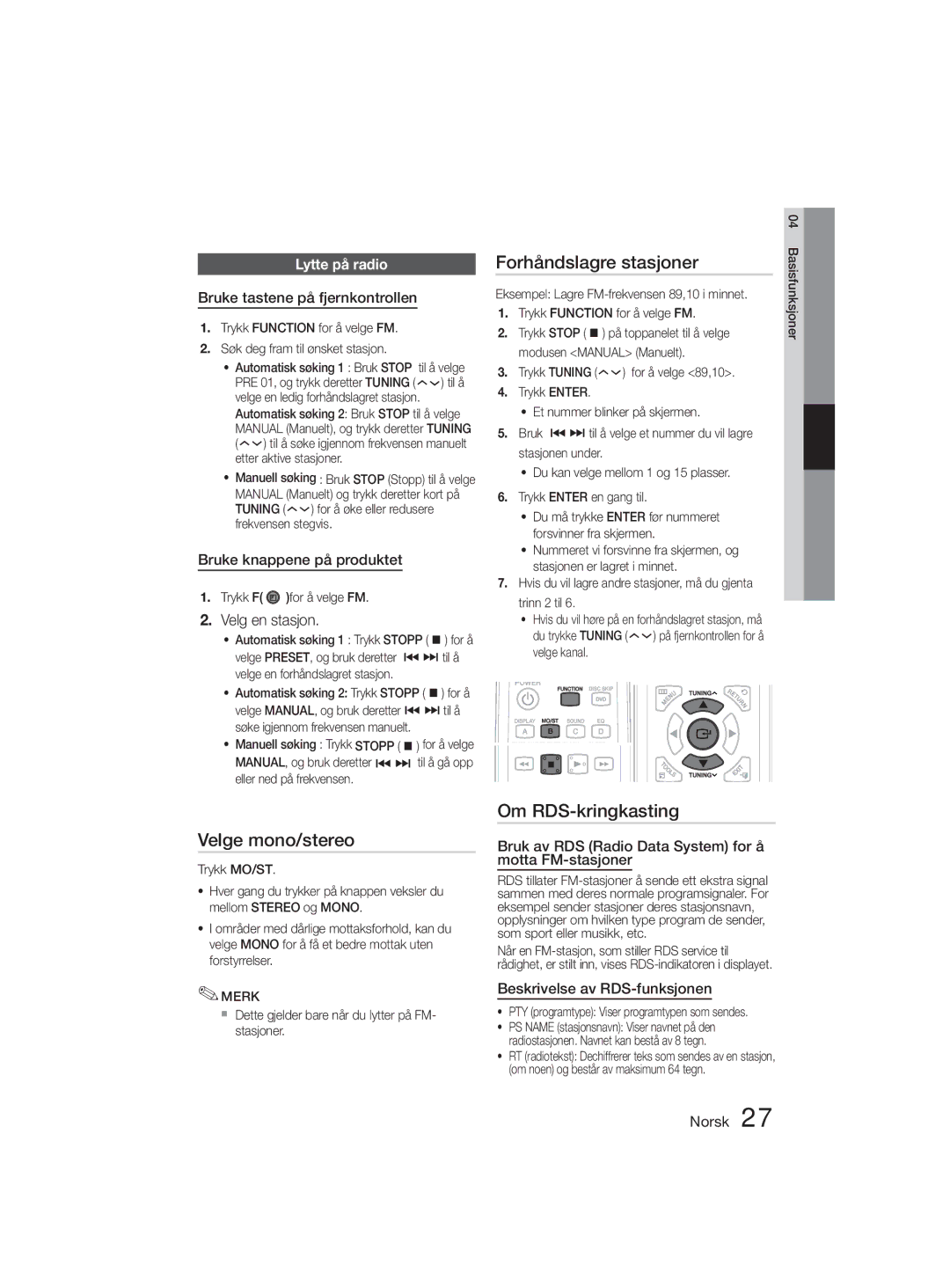 Samsung MM-D330D/XE manual Velge mono/stereo, Om RDS-kringkasting, Lytte på radio 