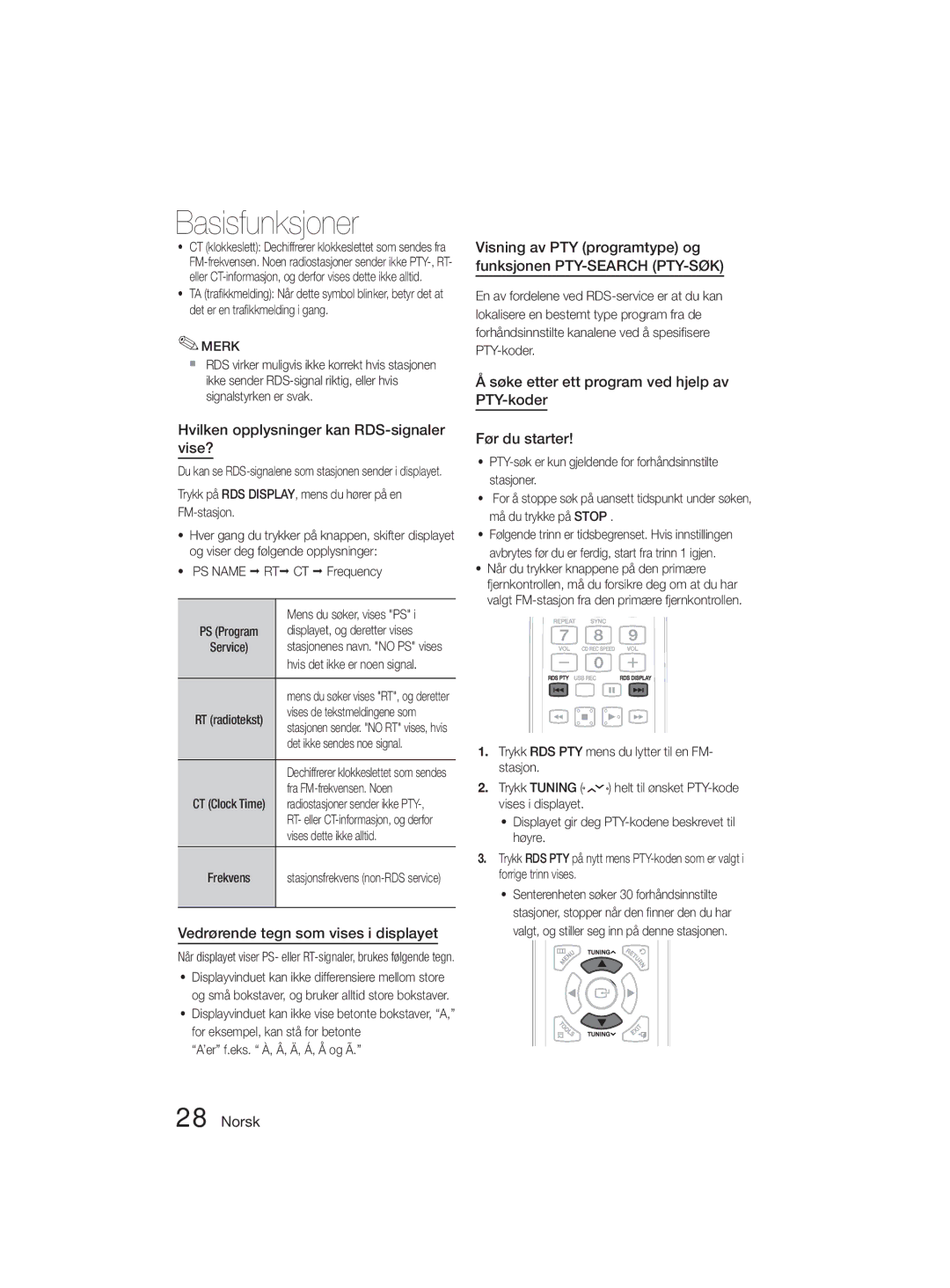 Samsung MM-D330D/XE manual Hvilken opplysninger kan RDS-signaler vise?, Vedrørende tegn som vises i displayet 