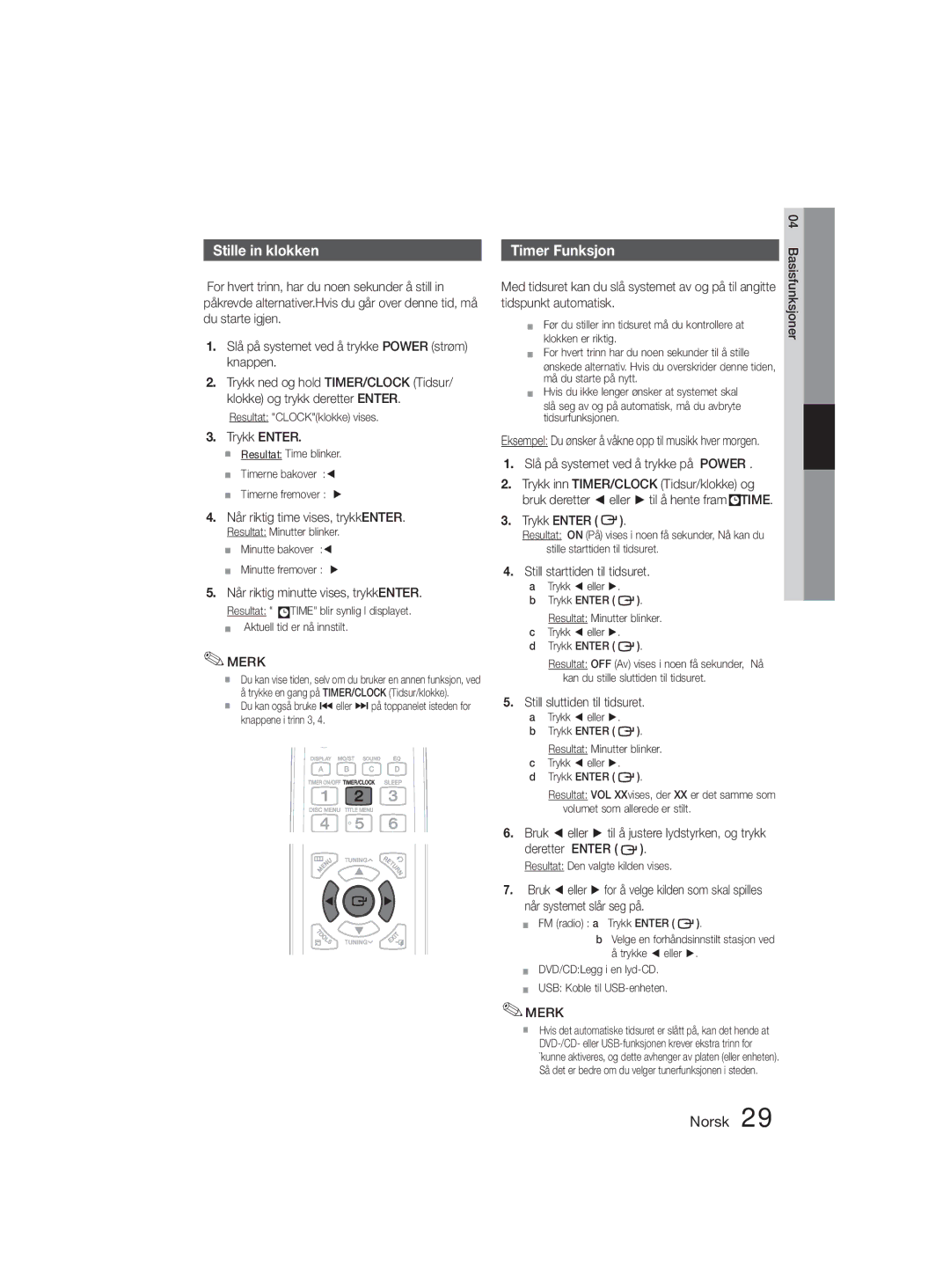 Samsung MM-D330D/XE manual Stille in klokken, Timer Funksjon 