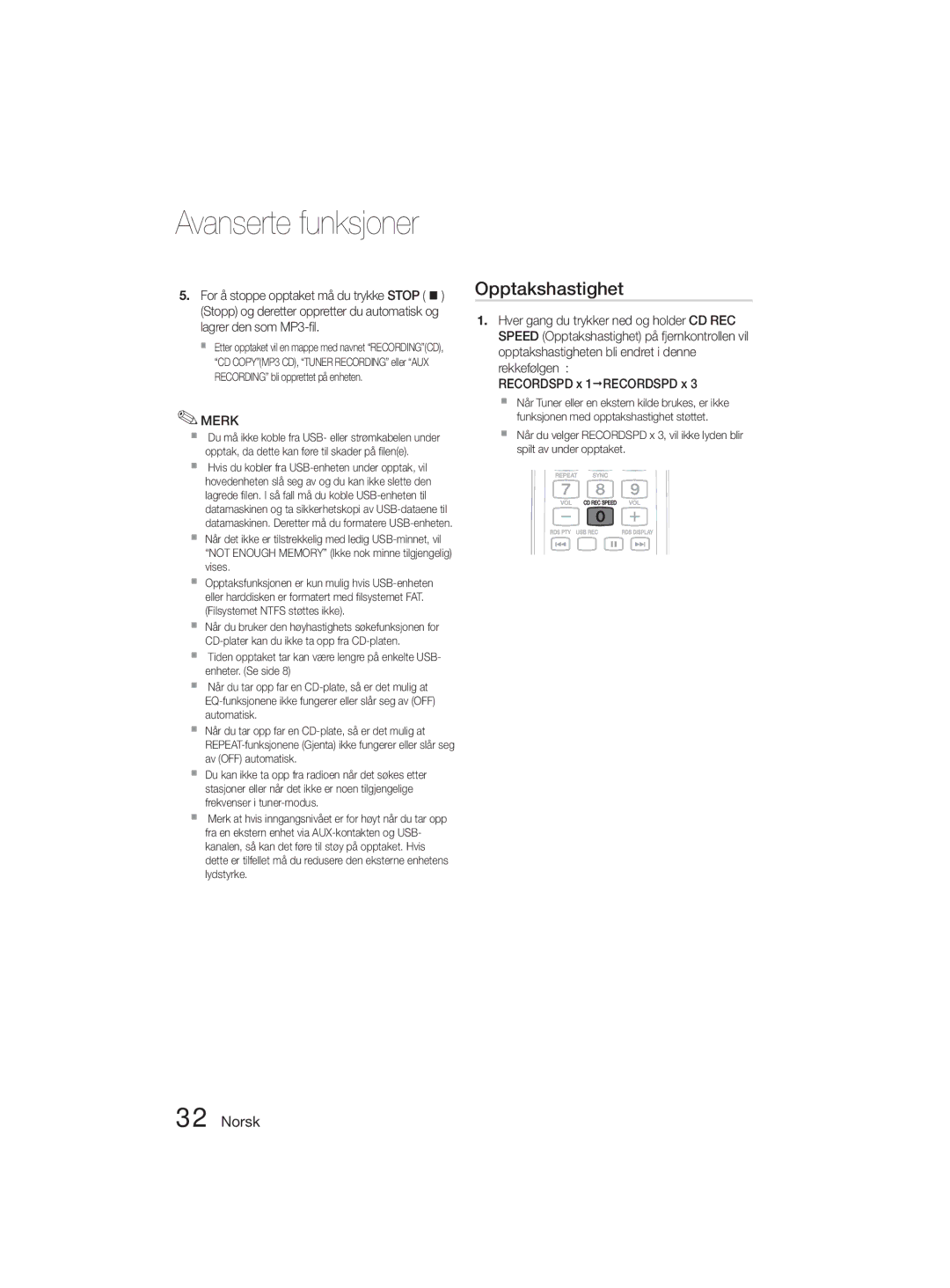 Samsung MM-D330D/XE manual Avanserte funksjoner, Opptakshastighet, Rekkefølgen Recordspd x 1ŠRECORDSPD x 