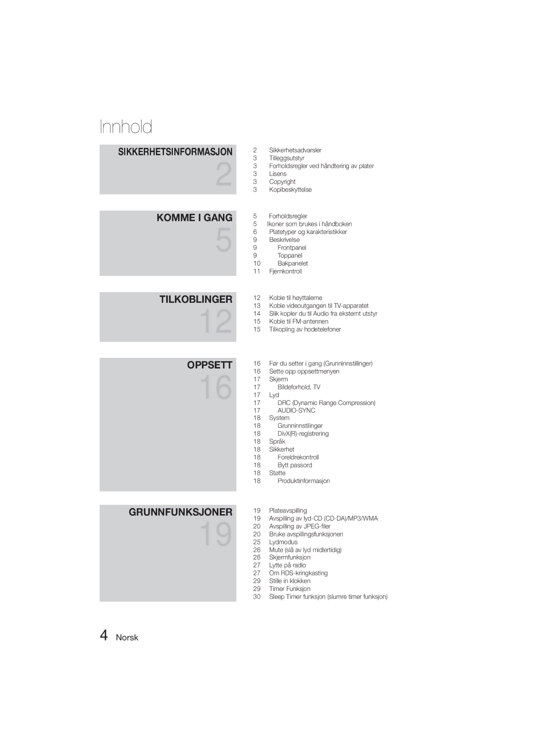 Samsung MM-D330D/XE manual Innhold, Sikkerhetsinformasjon Komme I Gang 