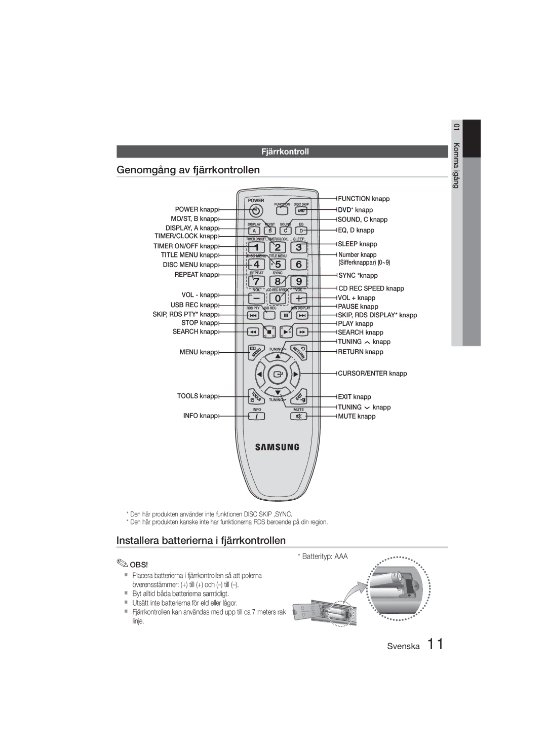 Samsung MM-D330D/XE Genomgång av fjärrkontrollen, Installera batterierna i fjärrkontrollen, Fjärrkontroll, Batterityp AAA 