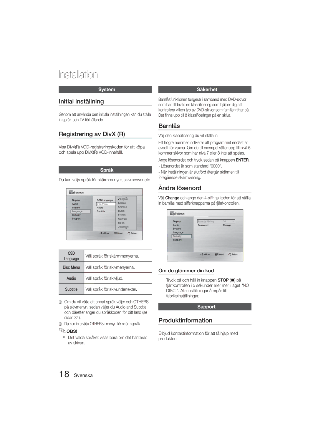 Samsung MM-D330D/XE manual Initial inställning, Registrering av DivX R, Barnlås, Ändra lösenord, Produktinformation 