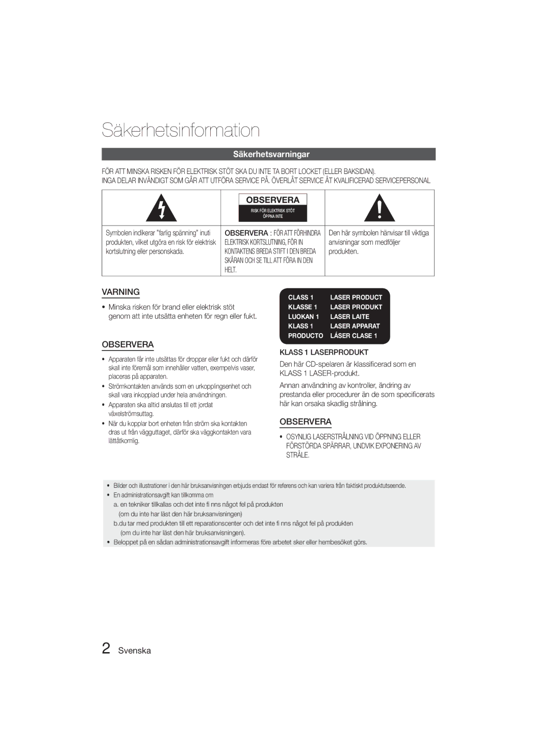 Samsung MM-D330D/XE manual Säkerhetsinformation, Säkerhetsvarningar, Svenska, Klass 1 Laserprodukt, Stråle 