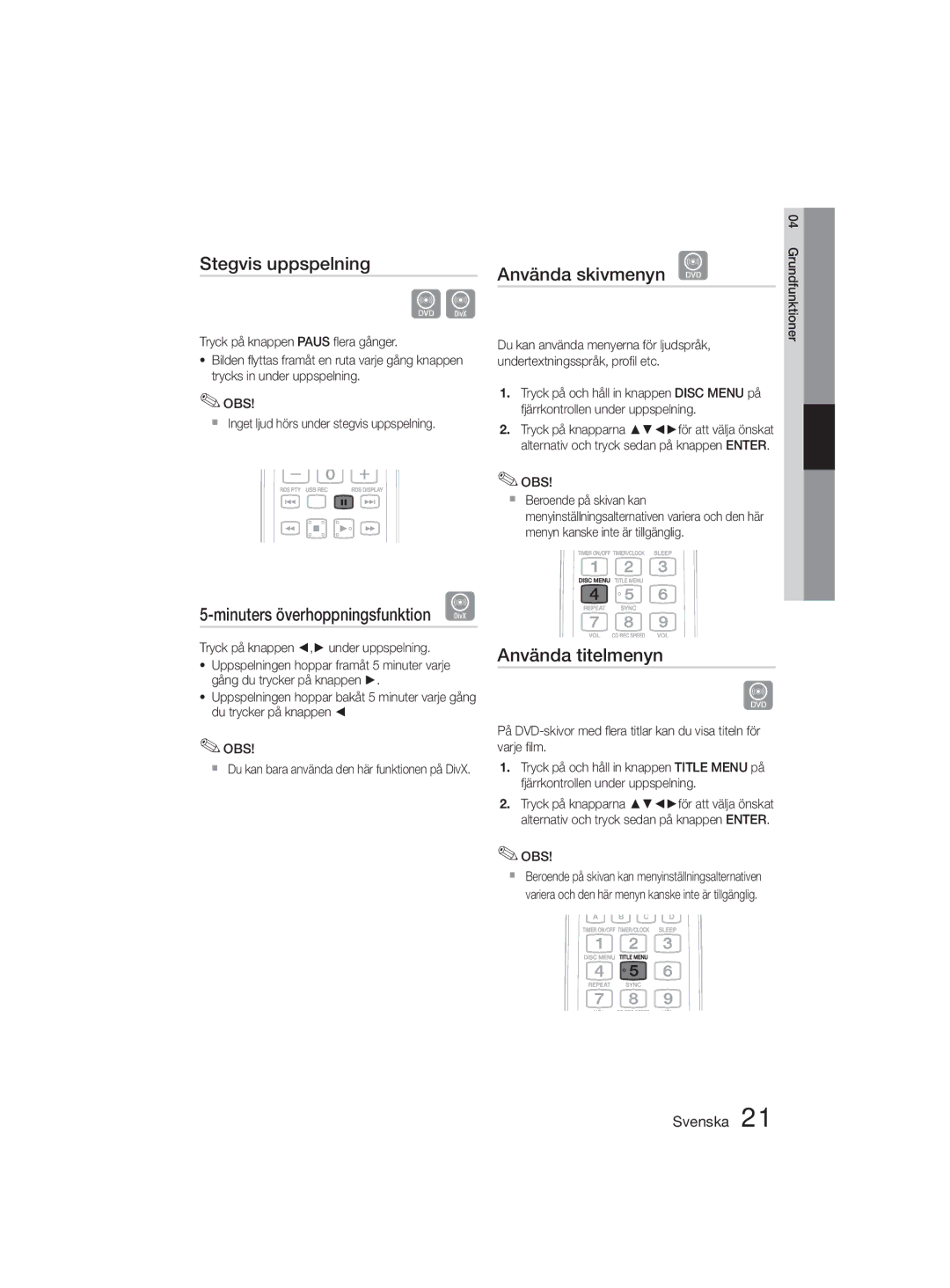 Samsung MM-D330D/XE manual Stegvis uppspelning, Använda skivmenyn d, Använda titelmenyn, Minuters överhoppningsfunktion D 