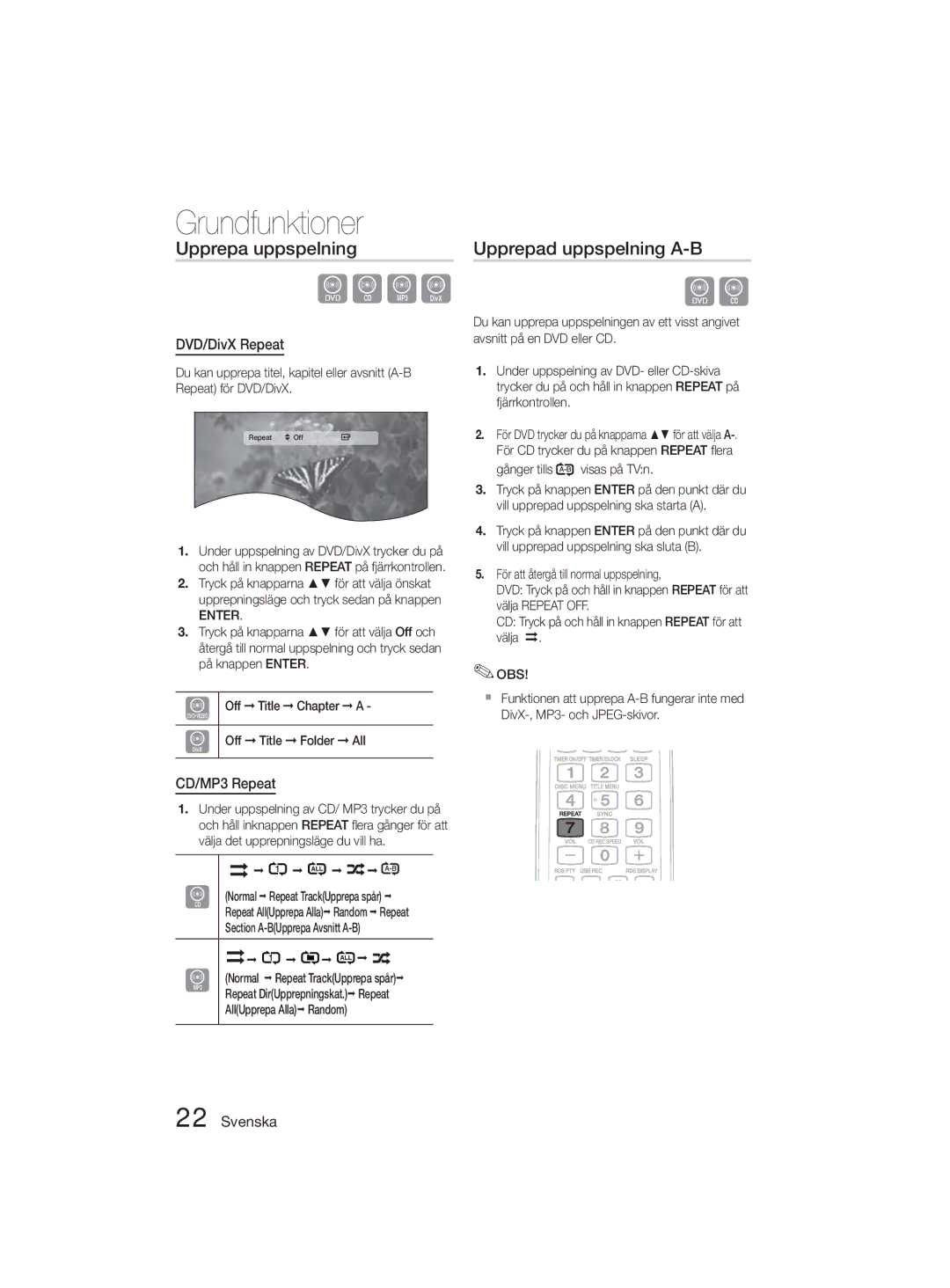 Samsung MM-D330D/XE manual Upprepa uppspelning, Upprepad uppspelning A-B, DVD/DivX Repeat, CD/MP3 Repeat 