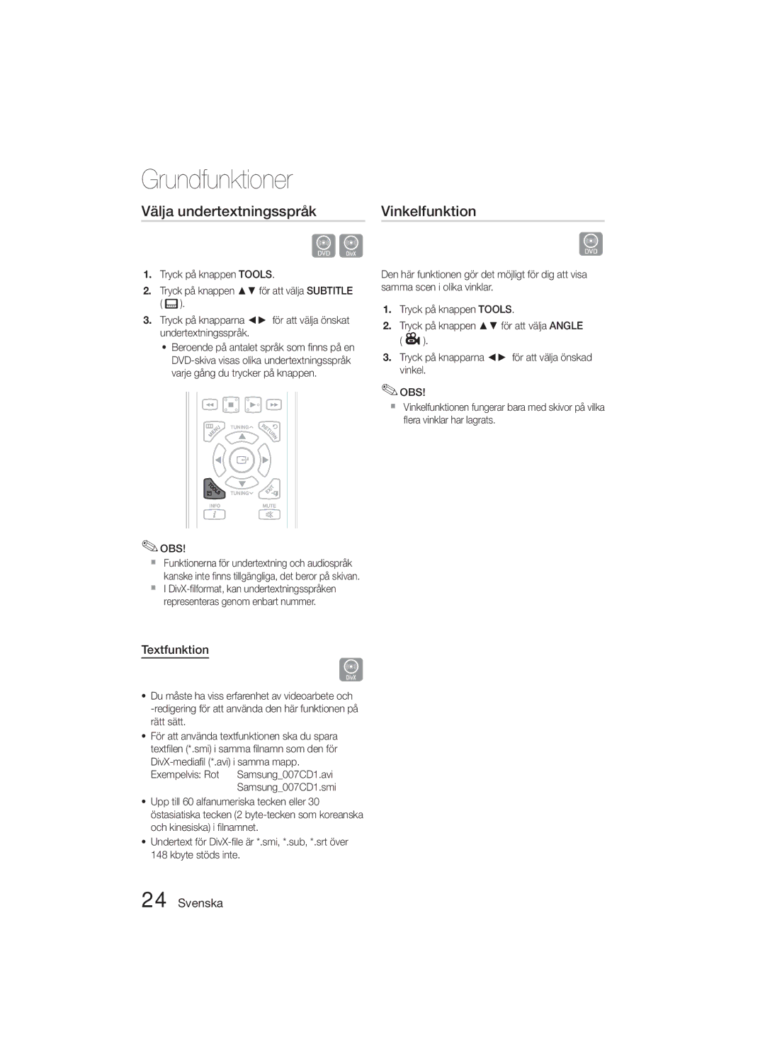 Samsung MM-D330D/XE manual Välja undertextningsspråk, Vinkelfunktion, Textfunktion 