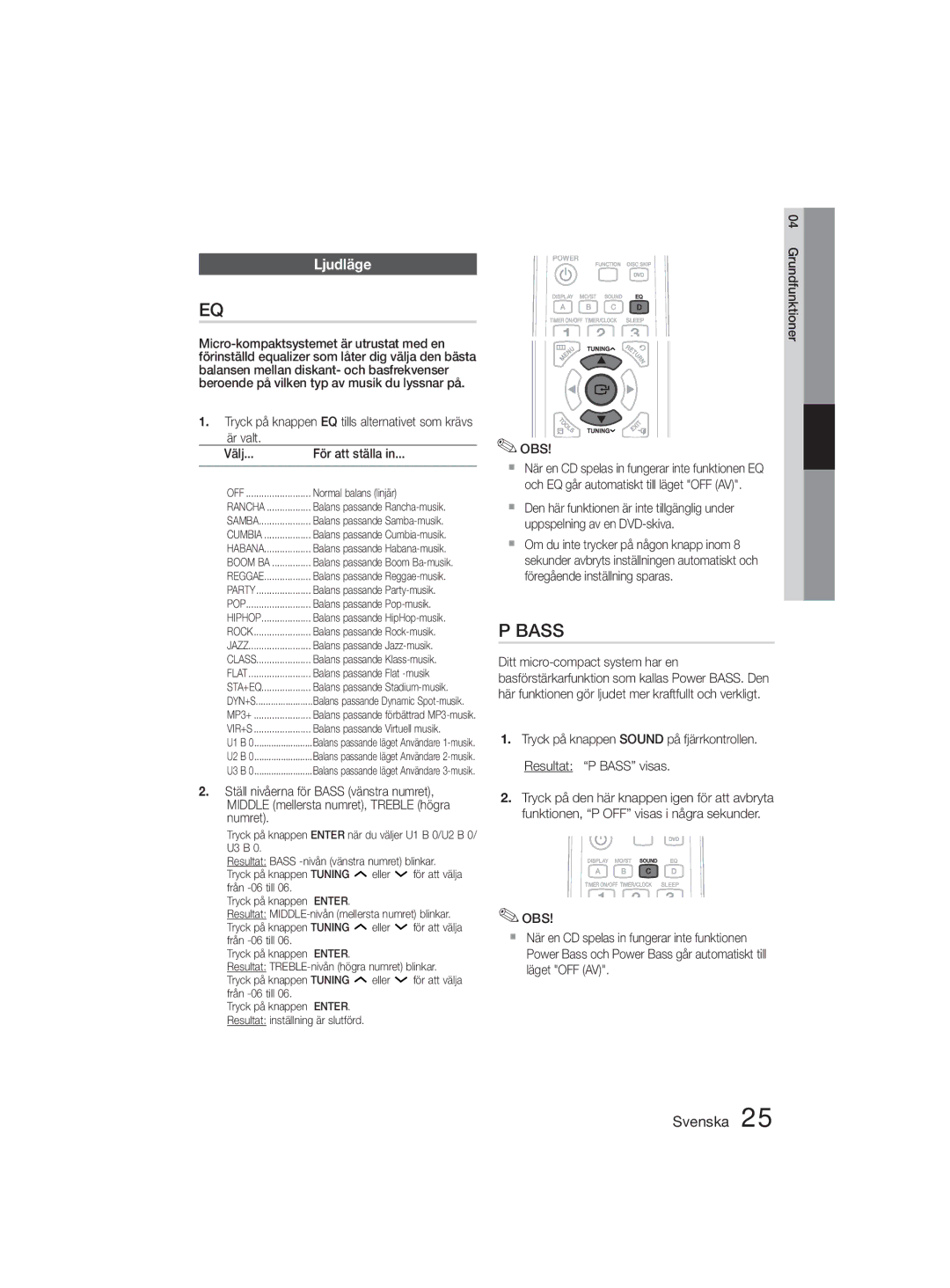 Samsung MM-D330D/XE manual Ljudläge, Är valt Välj För att ställa, Grundfunktioner OBS 