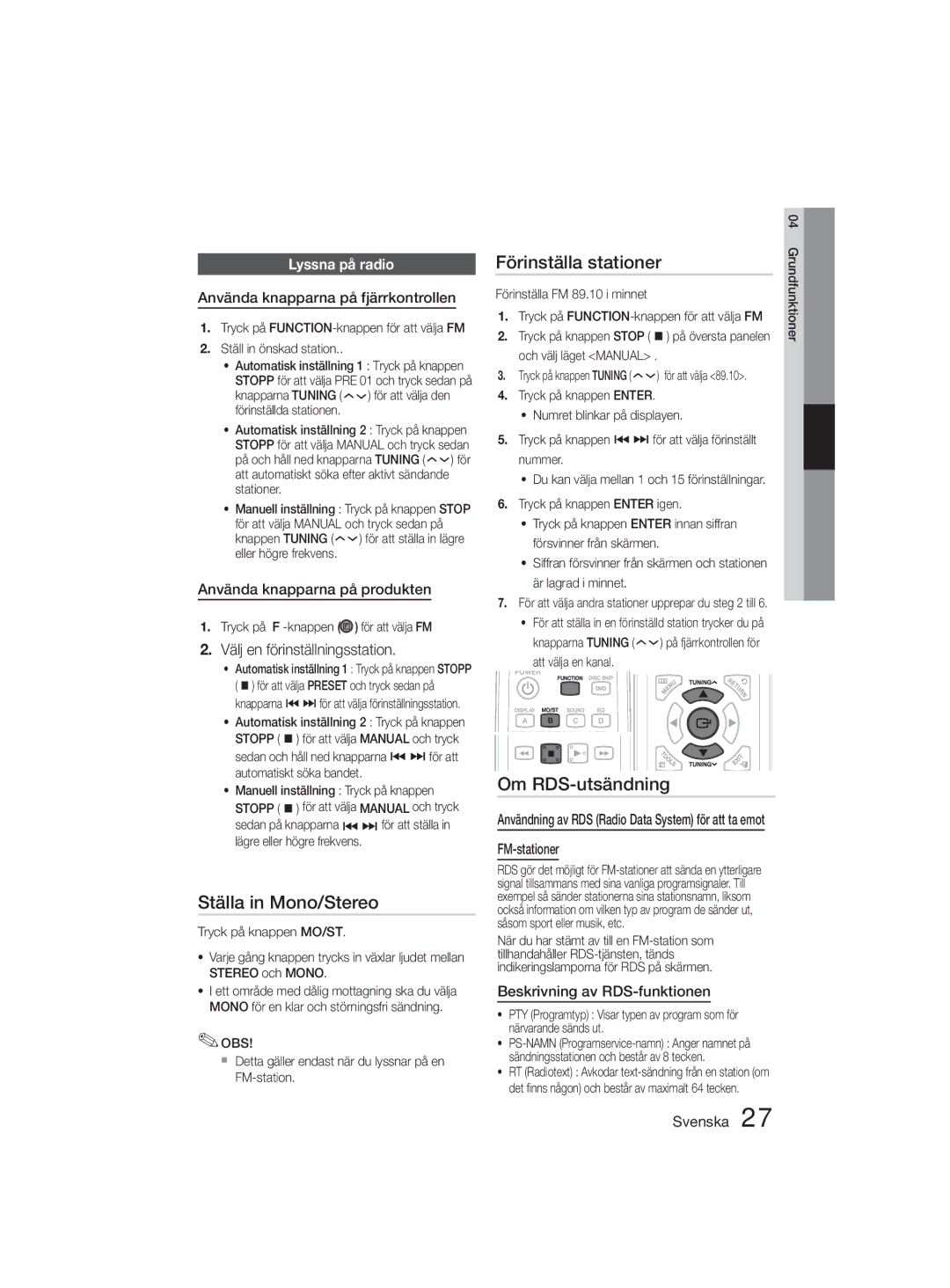 Samsung MM-D330D/XE manual Ställa in Mono/Stereo, Förinställa stationer, Om RDS-utsändning, Välj en förinställningsstation 