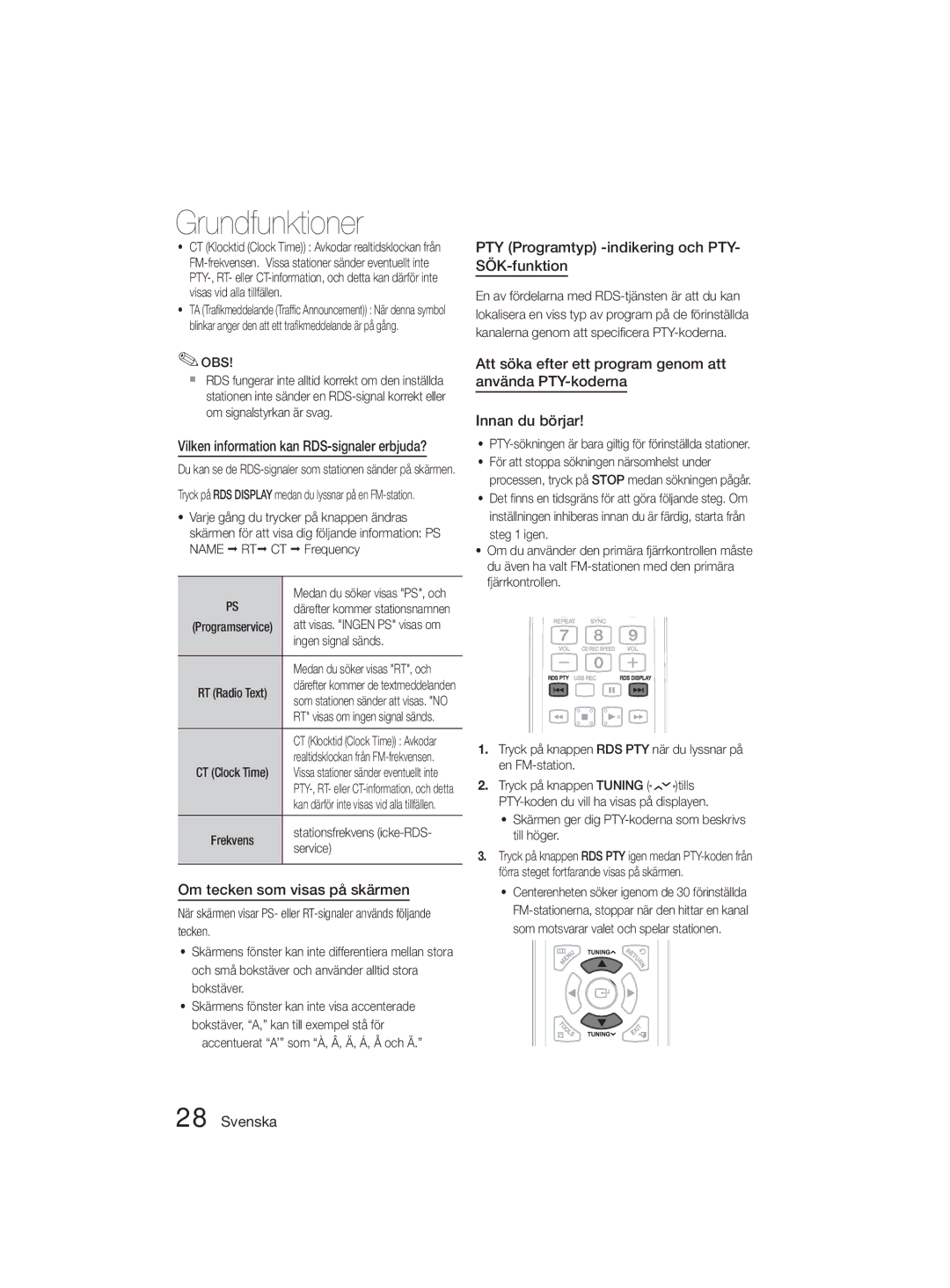 Samsung MM-D330D/XE manual Om tecken som visas på skärmen, PTY Programtyp -indikering och PTY- SÖK-funktion 