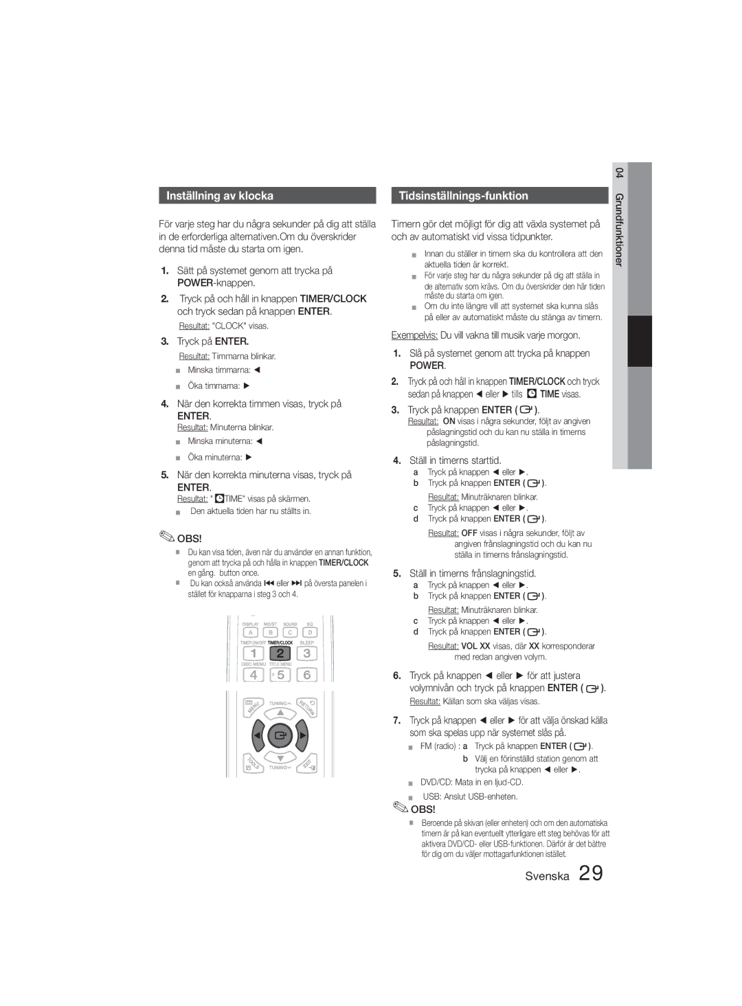 Samsung MM-D330D/XE manual Inställning av klocka, Tidsinställnings-funktion, Power 