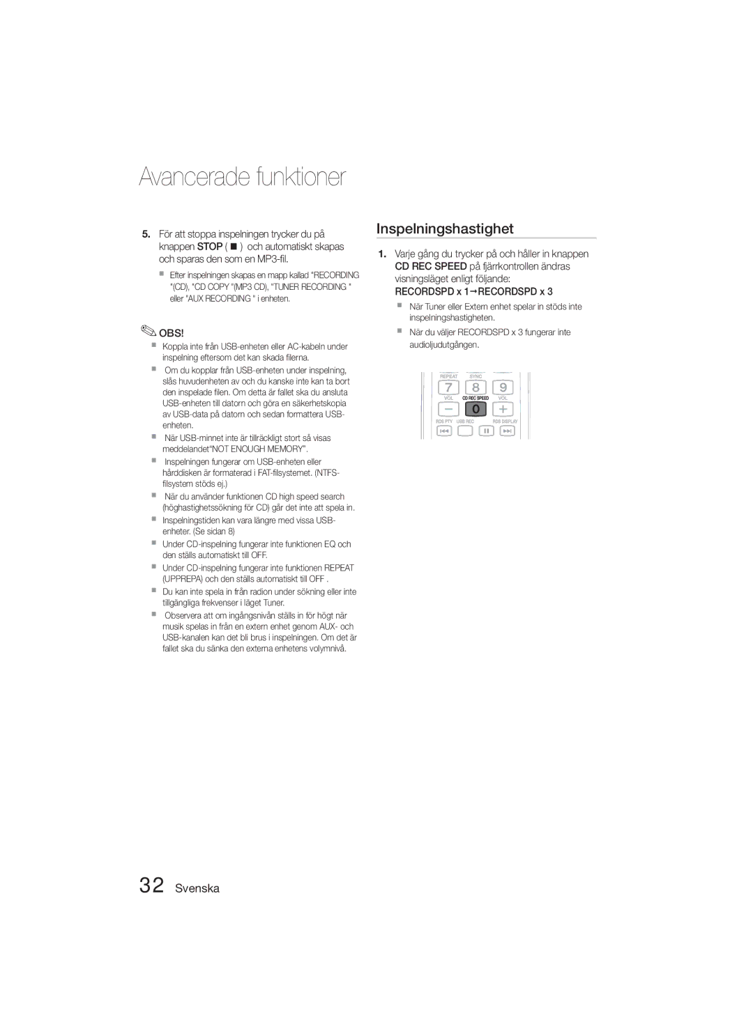 Samsung MM-D330D/XE manual Avancerade funktioner, Inspelningshastighet 