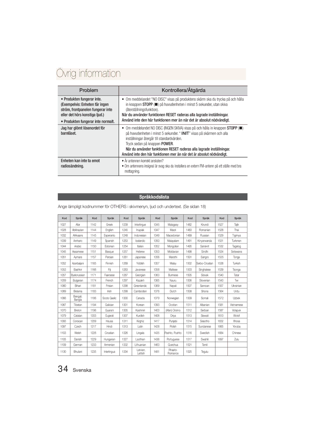 Samsung MM-D330D/XE manual ÖOthervrig informationInformation, Problem, Språkkodslista 