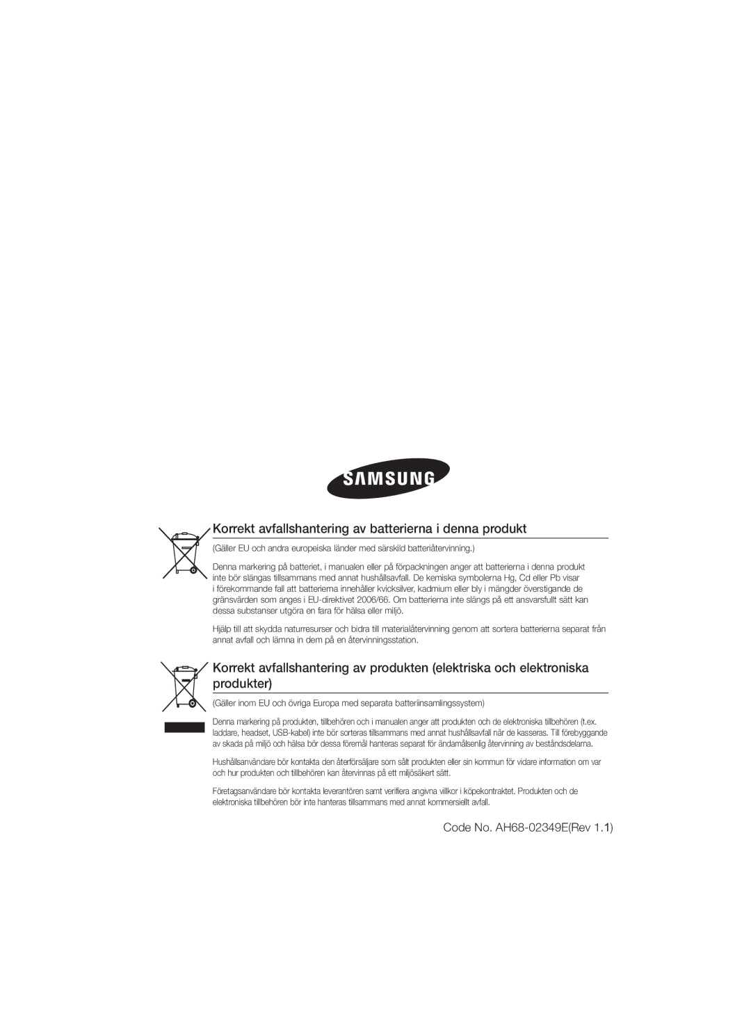 Samsung MM-D330D/XE manual Korrekt avfallshantering av batterierna i denna produkt, Code No. AH68-02349ERev 