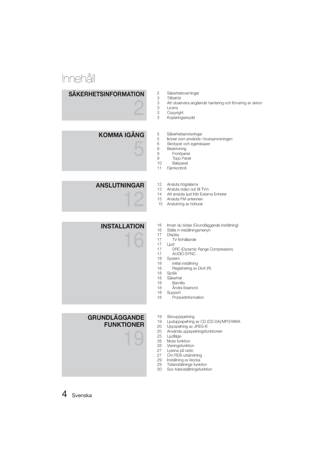 Samsung MM-D330D/XE manual Innehåll, Säkerhetsinformation Komma Igång 