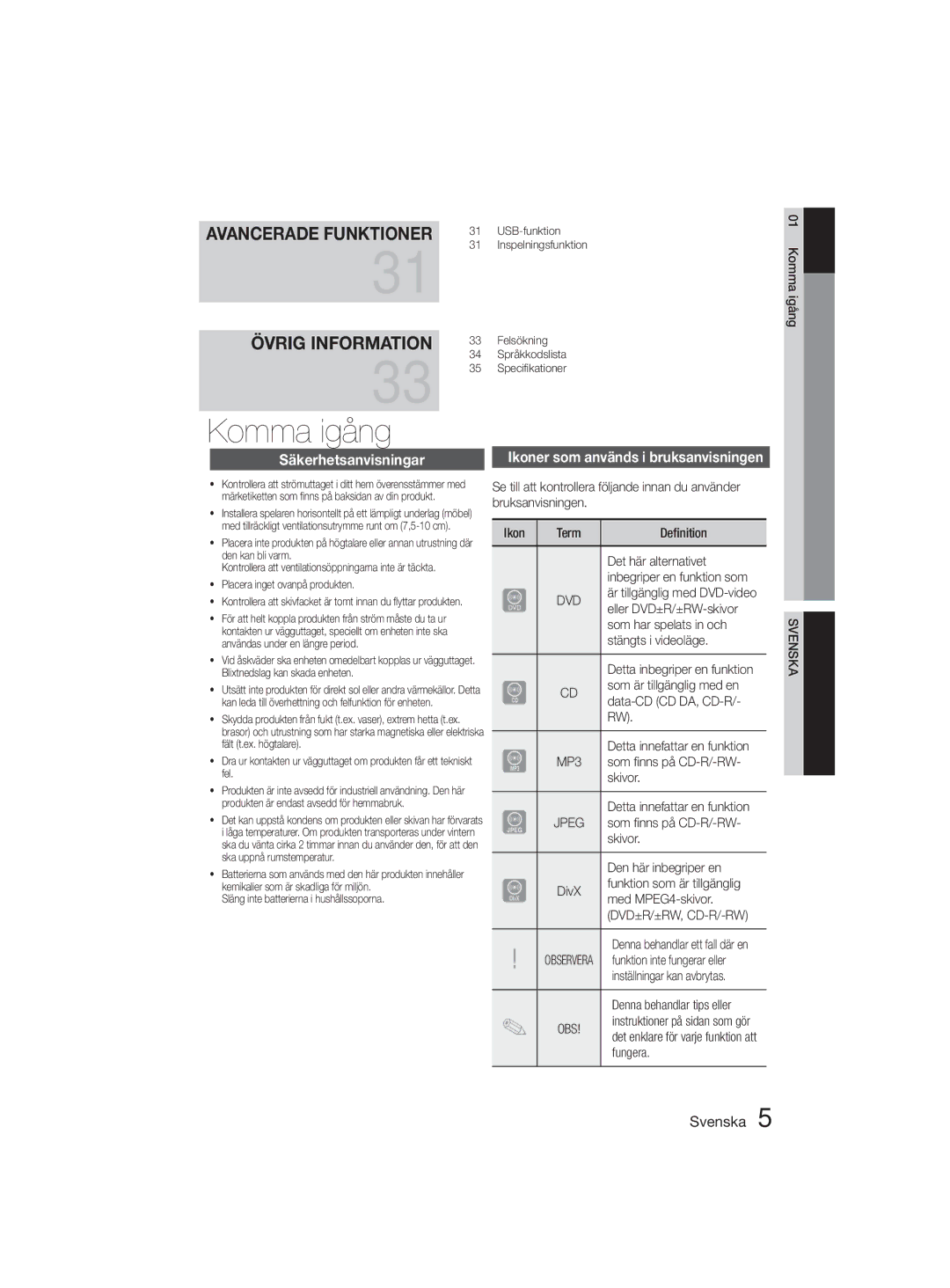 Samsung MM-D330D/XE manual Säkerhetsanvisningar, Dvd, Obs, Svenska 