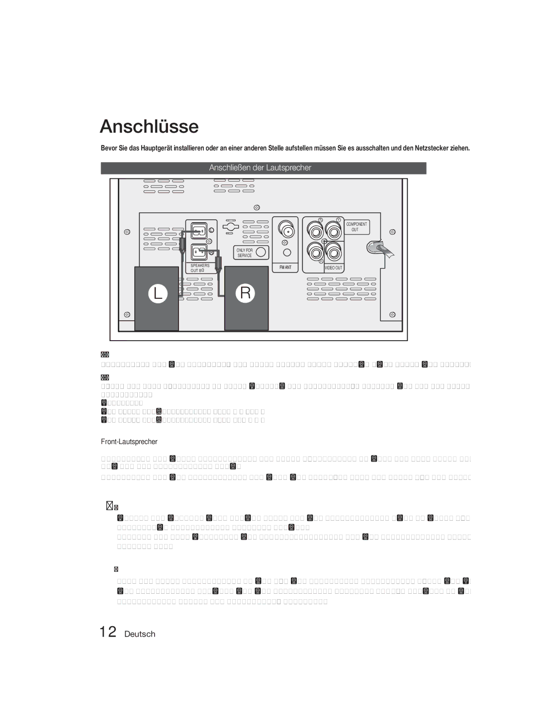 Samsung MM-D330D/XN manual Anschlüsse, Anschließen der Lautsprecher, Platzierung des Hauptgeräts, Auswahl der Hörposition 