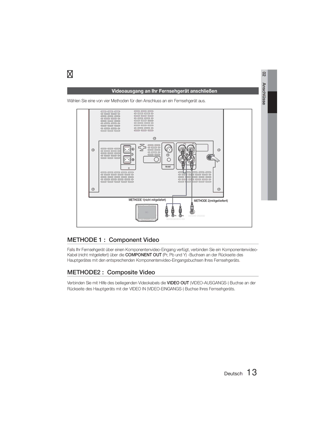 Samsung MM-D330D/EN Methode 1 Component Video, METHODE2 Composite Video, Videoausgang an Ihr Fernsehgerät anschließen 