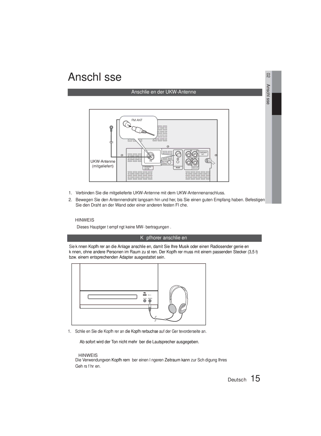 Samsung MM-D330D/EN, MM-D330D/XN manual Anschließen der UKW-Antenne, Köpfhorer anschließen, Mitgeliefert 