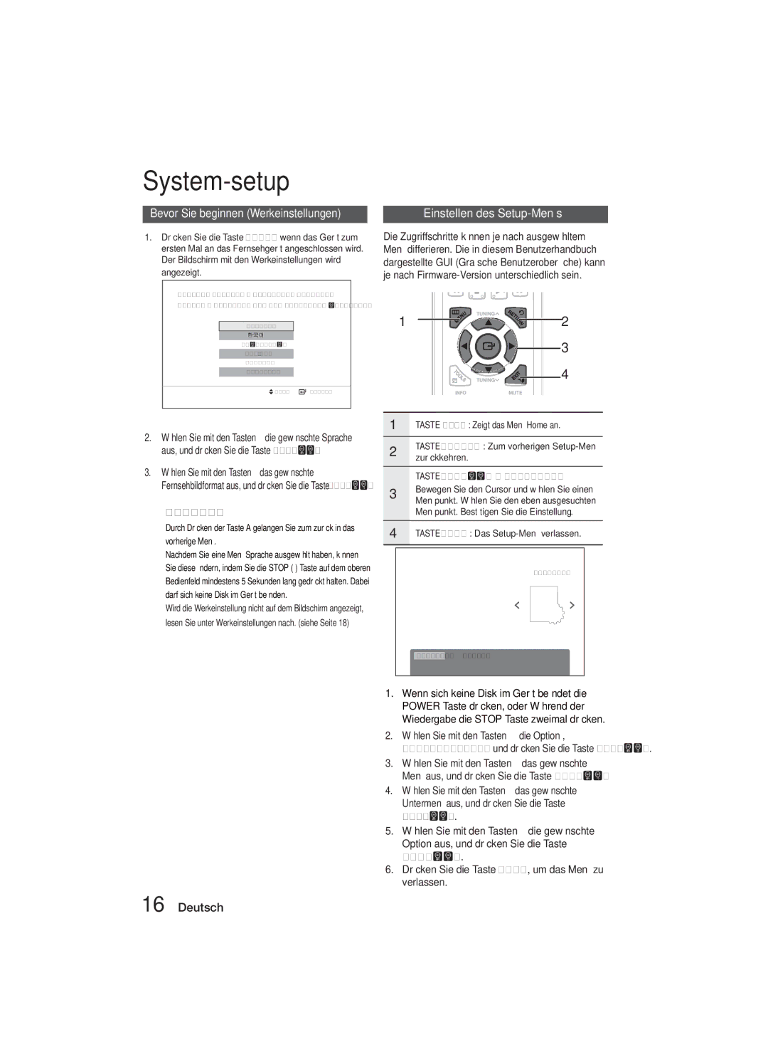 Samsung MM-D330D/XN, MM-D330D/EN manual System-setup, Bevor Sie beginnen Werkeinstellungen, Einstellen des Setup-Menüs 