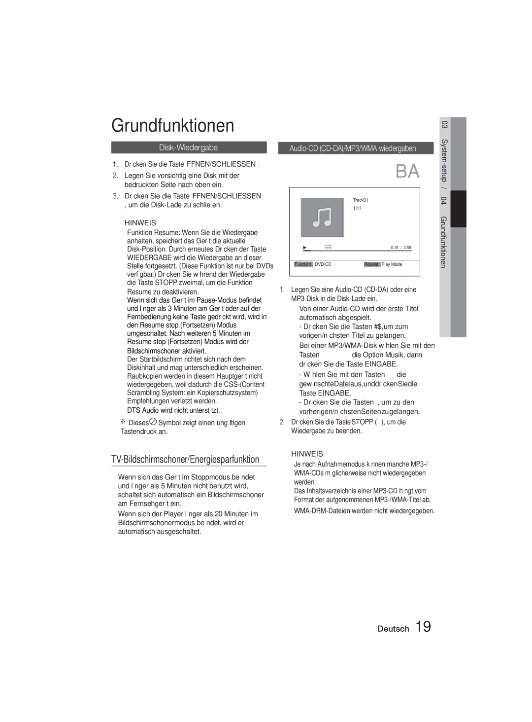 Samsung MM-D330D/EN, MM-D330D/XN manual Grundfunktionen, Disk-Wiedergabe 